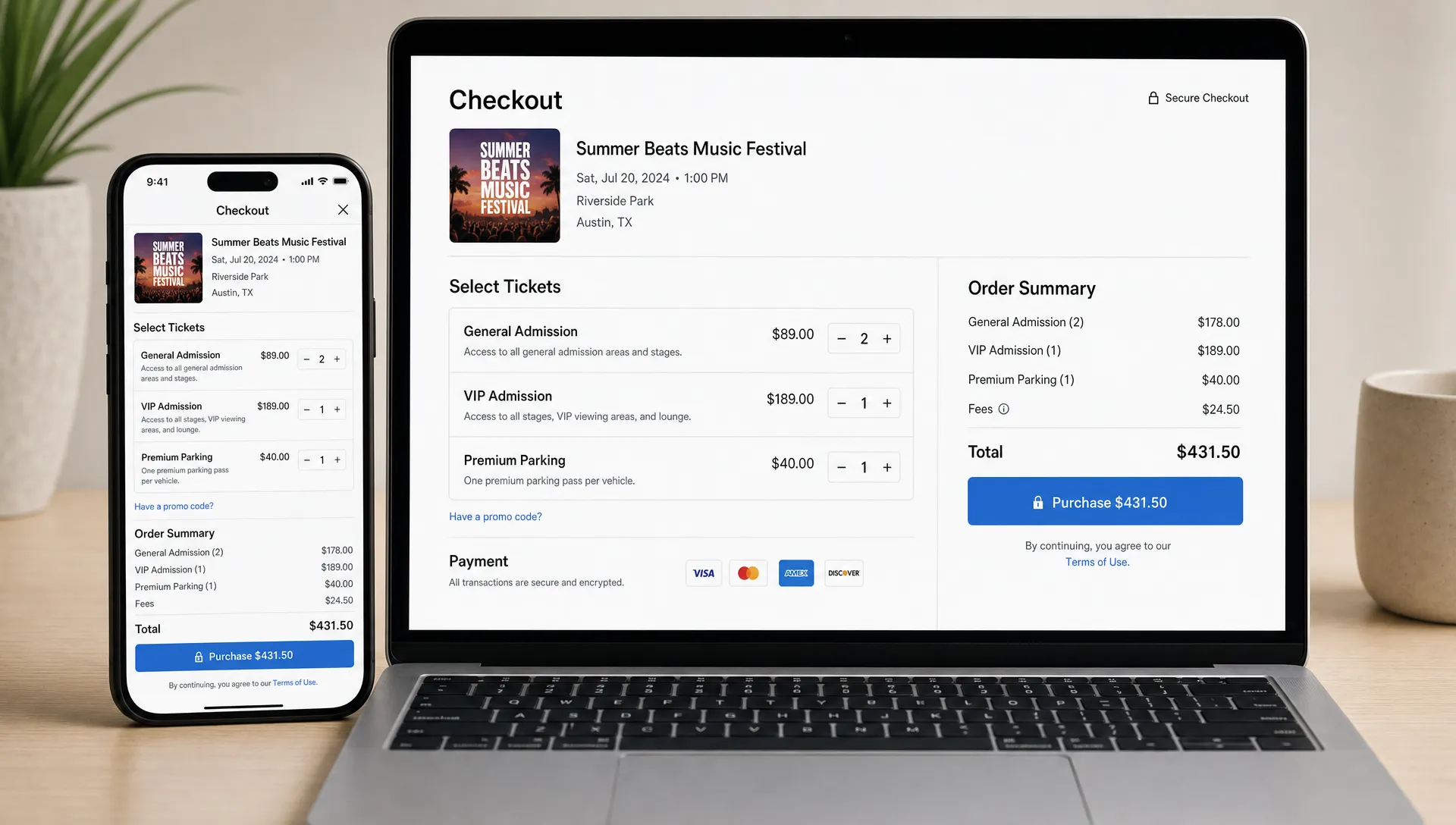 A close-up of a ticket checkout on a phone and laptop facing the viewer, with readable event details, ticket tiers, a price summary, and a clear purchase button on each screen.