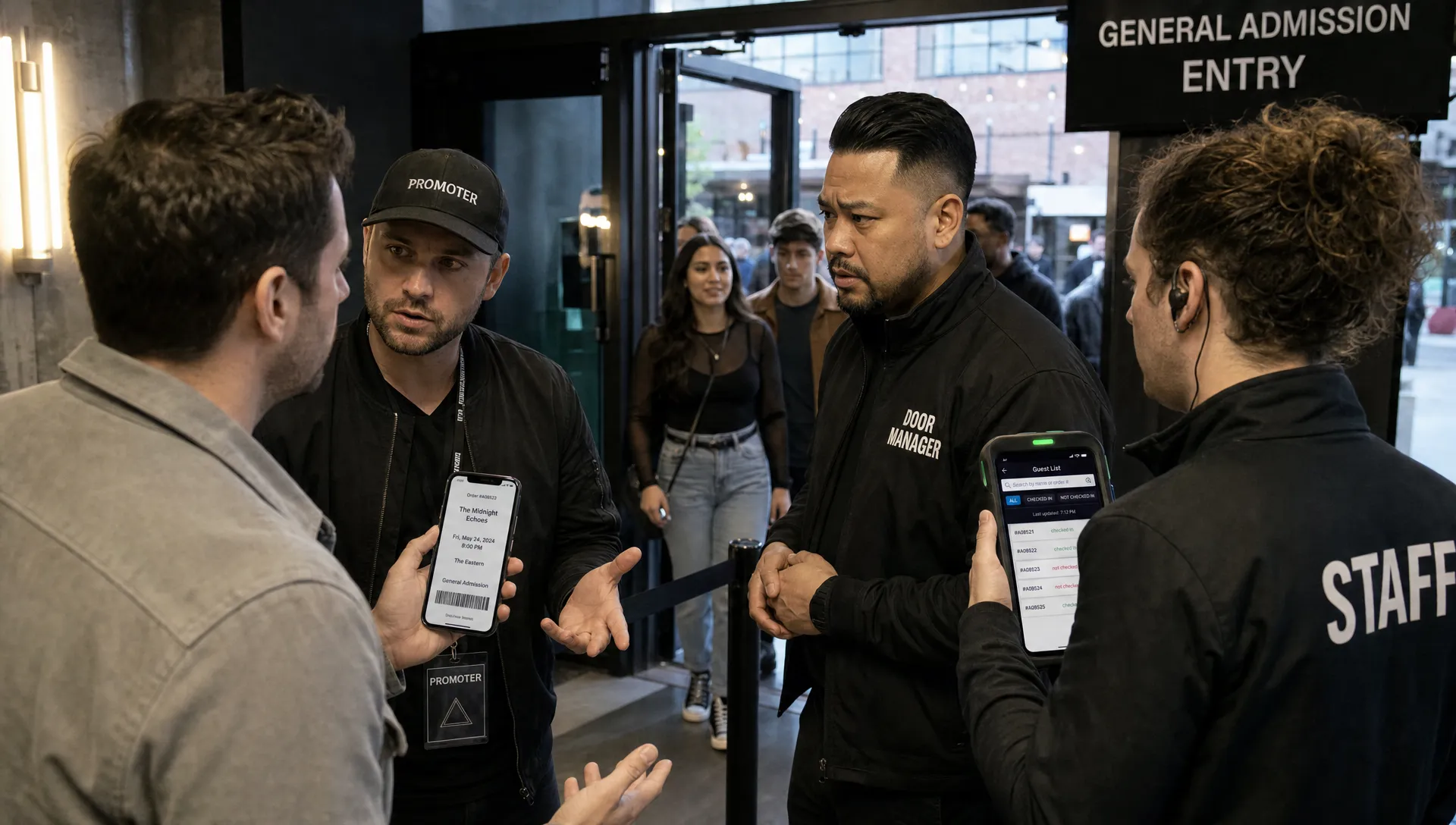Landscape medium shot inside a venue lobby where a promoter and a door manager speak with a disappointed attendee holding a phone that shows an old ticket confirmation, while a second staff member checks the live guest list on a handheld device beside the scan lane. Open entry doors and arriving guests sit in the background, and the scene should clearly show a resale dispute being handled at the door in a real event setting.