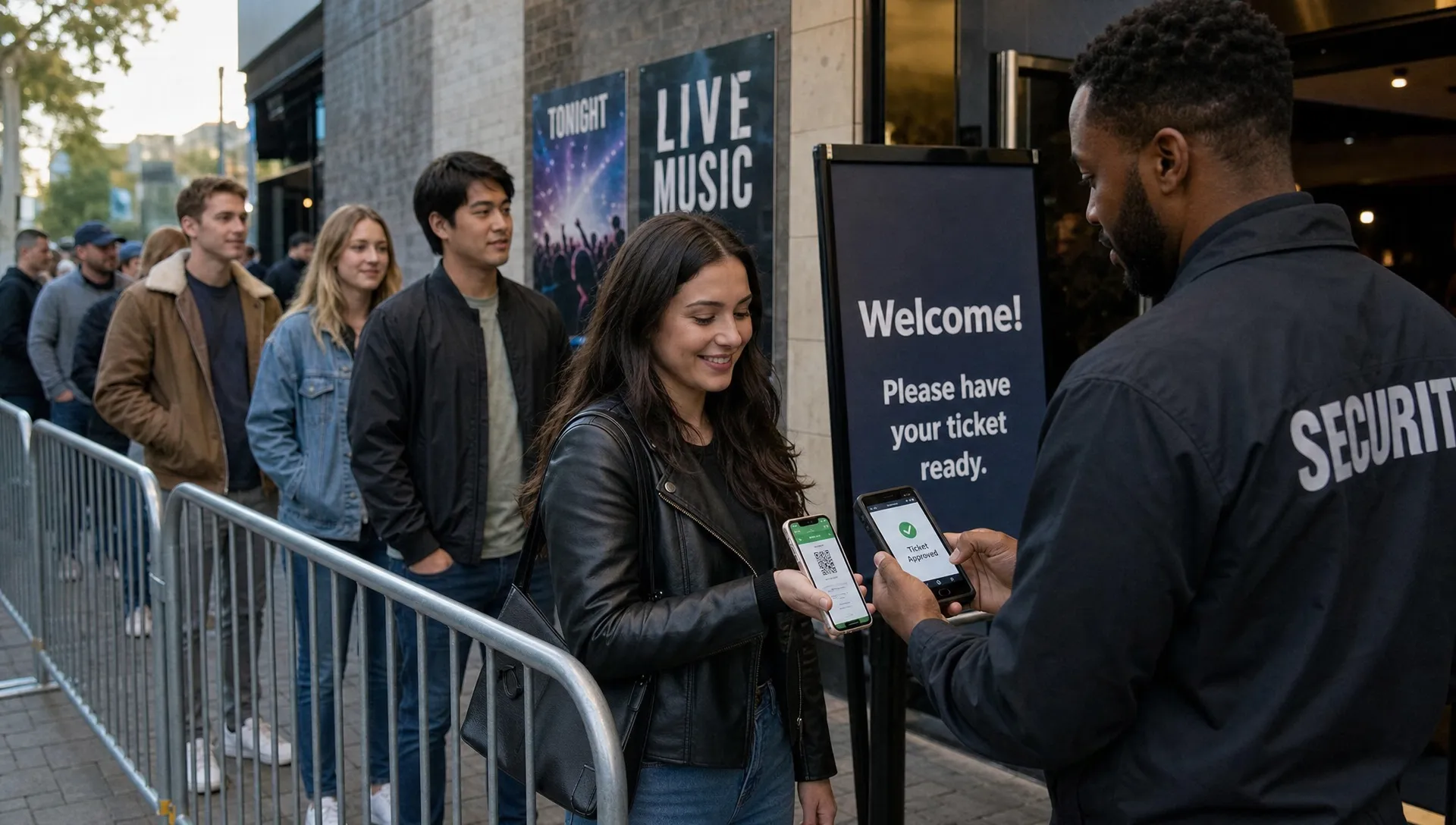 Staff at a venue entrance check the live guest list and scan mobile tickets while attendees wait in line, showing an approved transfer process for event resale tickets.