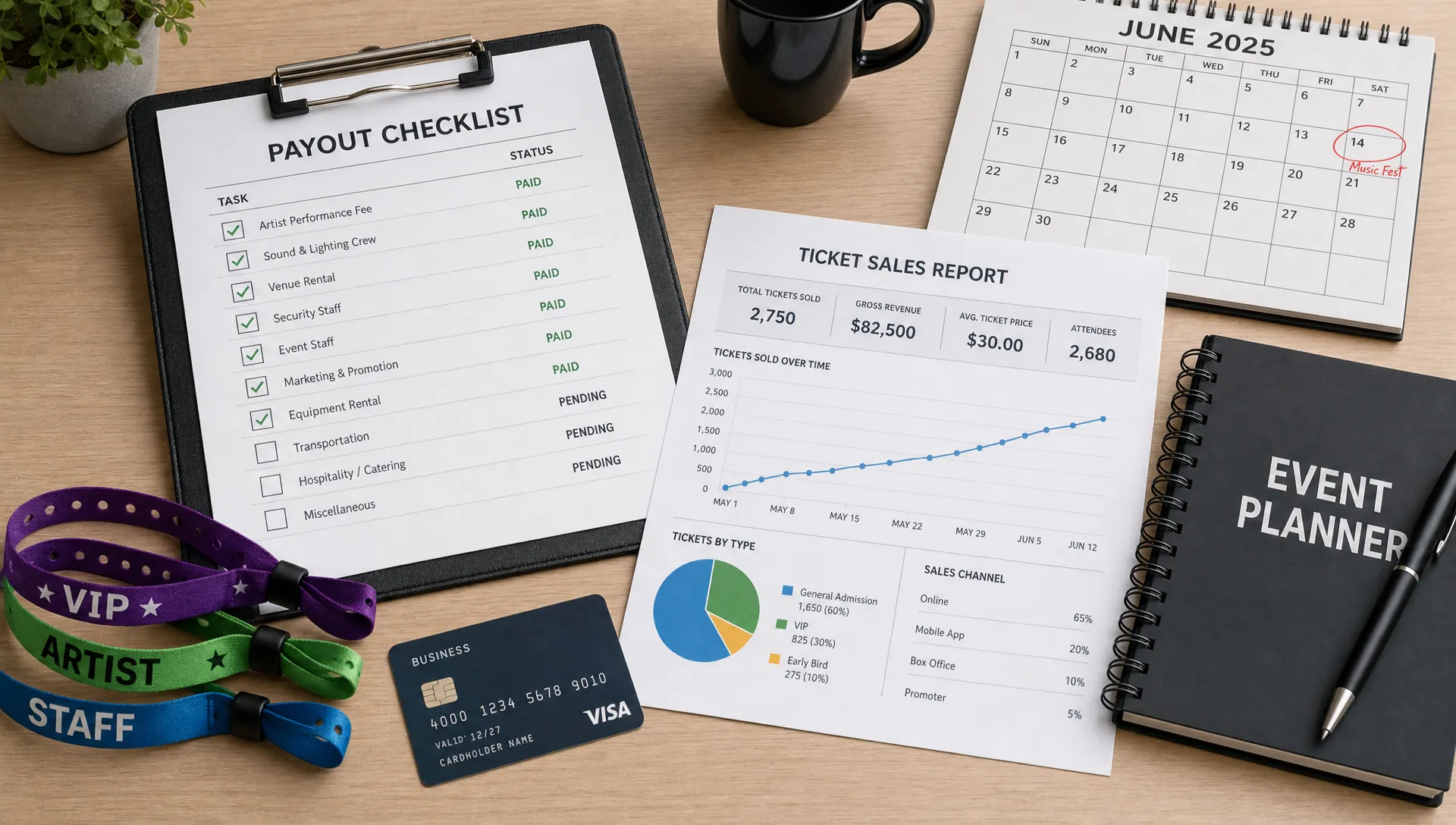 An event organizer's desk with a payout checklist, printed ticket sales report, bank card, wristbands, and a venue calendar arranged neatly for pre-event planning.