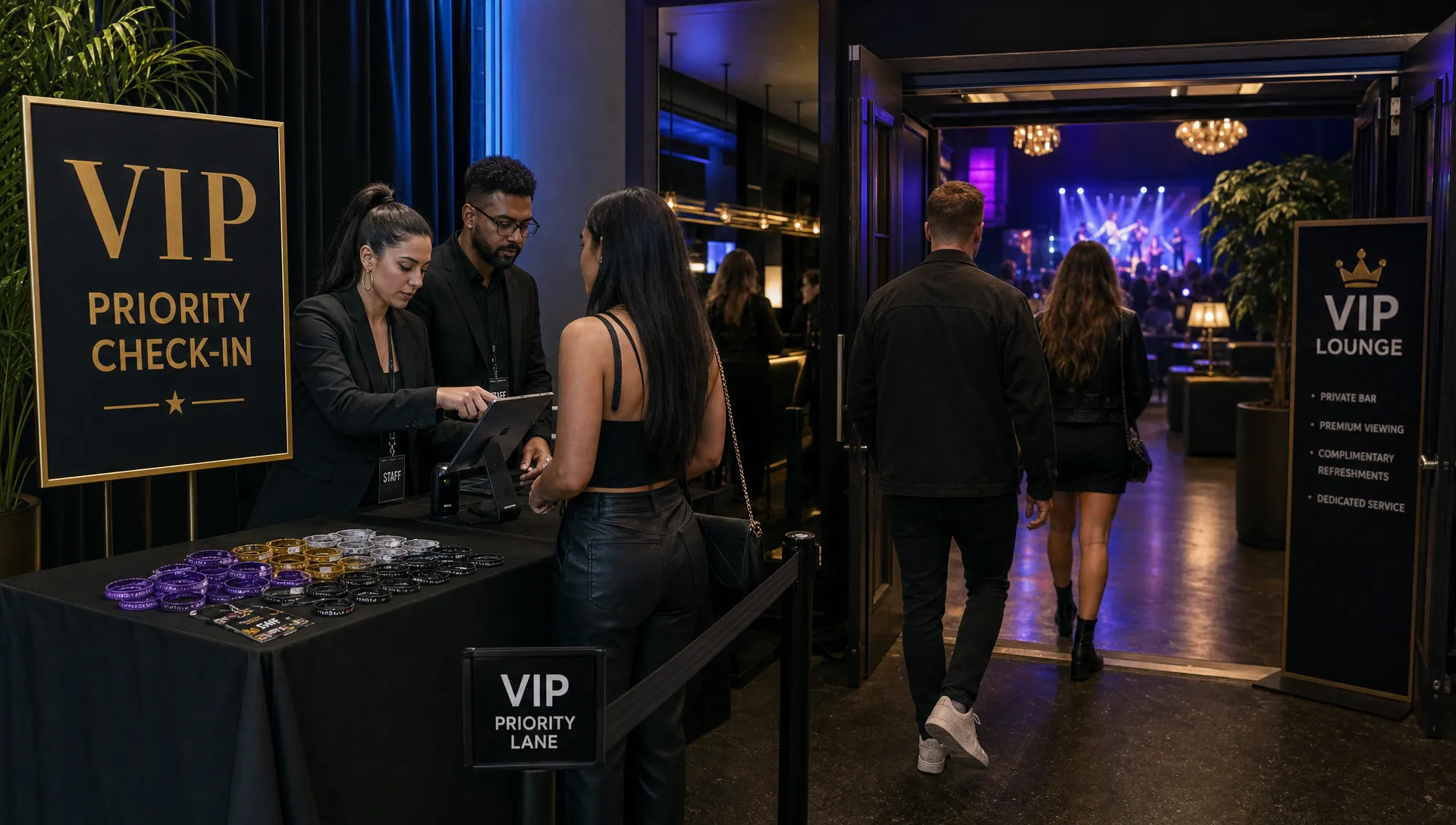 A VIP event entrance with a clearly marked priority check-in lane, organized wristbands on a table, staff reviewing a digital guest list, and attendees entering a music venue with a premium lounge visible in the background.