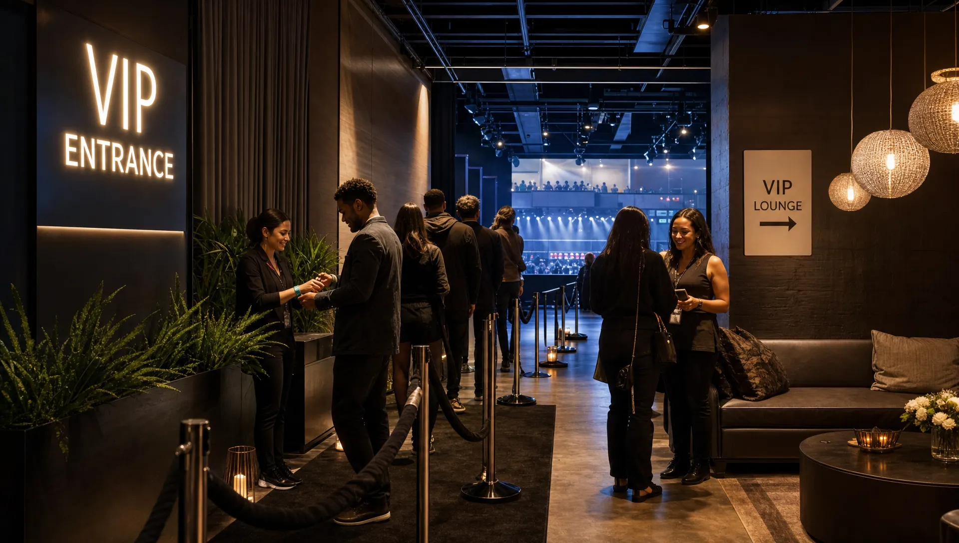 A wide indoor scene of a premium event entry moment inside a music venue, with a clearly separated VIP corridor leading to a lounge-style check-in area, a small group of staff managing wristbands and guest access, and a brighter seating or viewing area visible deeper in the space. The composition should emphasize a more exclusive, calmer arrival path and a clearly better attendee experience, without looking like a desk or checkout workflow.