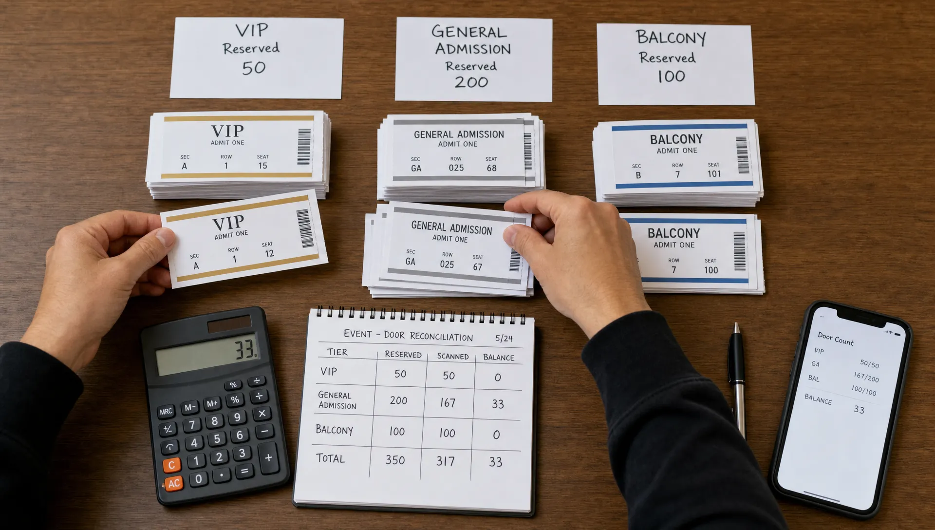 Landscape overhead scene of hands sorting admission slips, hold cards, and tier labels on a worktable while a calculator, pen, and phone sit nearby. The hands are actively reconciling the counts, with the whole frame focused on the act of matching public tickets to reserved spots and door inventory.
