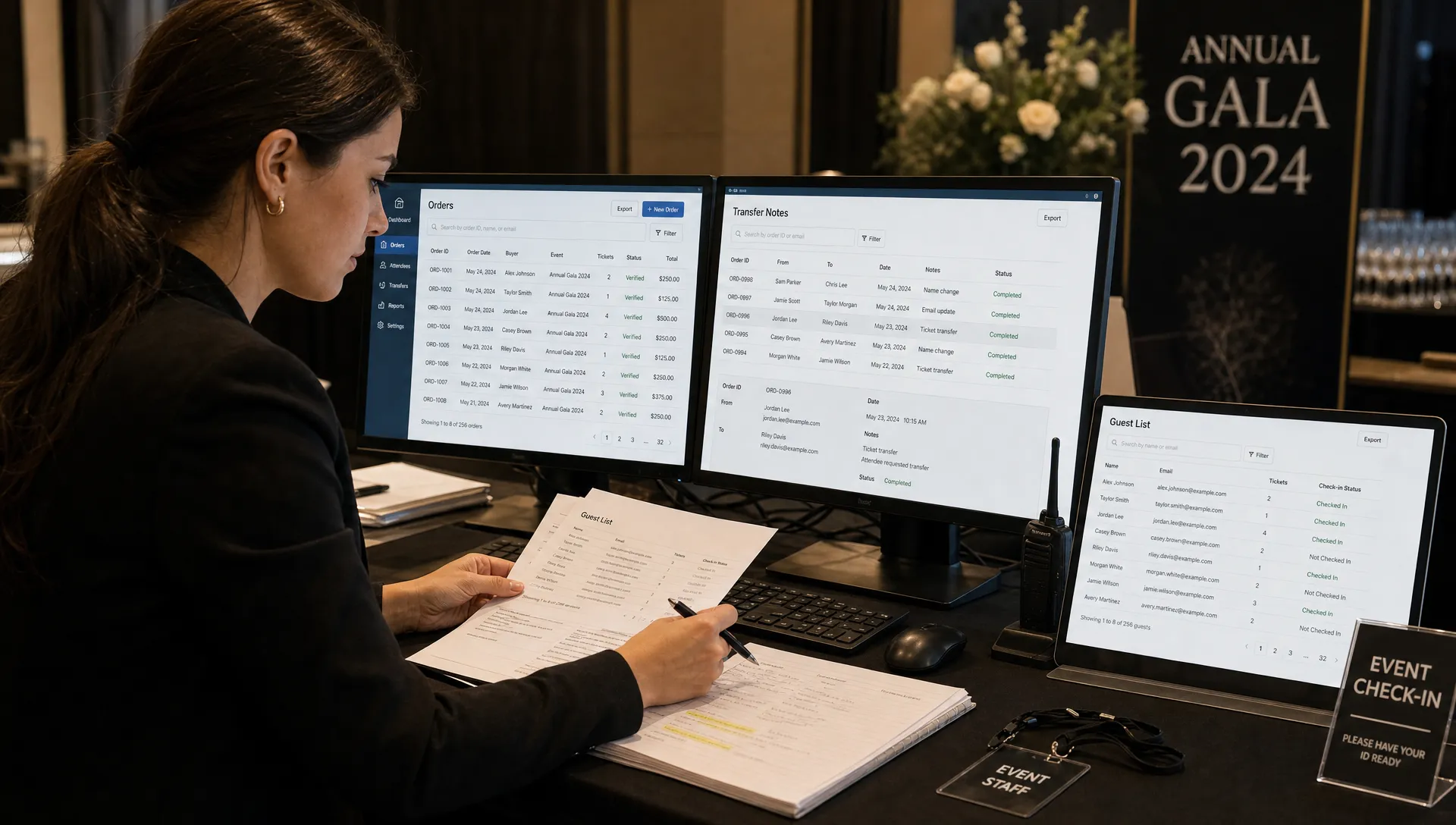 An event organizer reviews verified order records, transfer notes and an updated guest list at a secure ticketing desk.