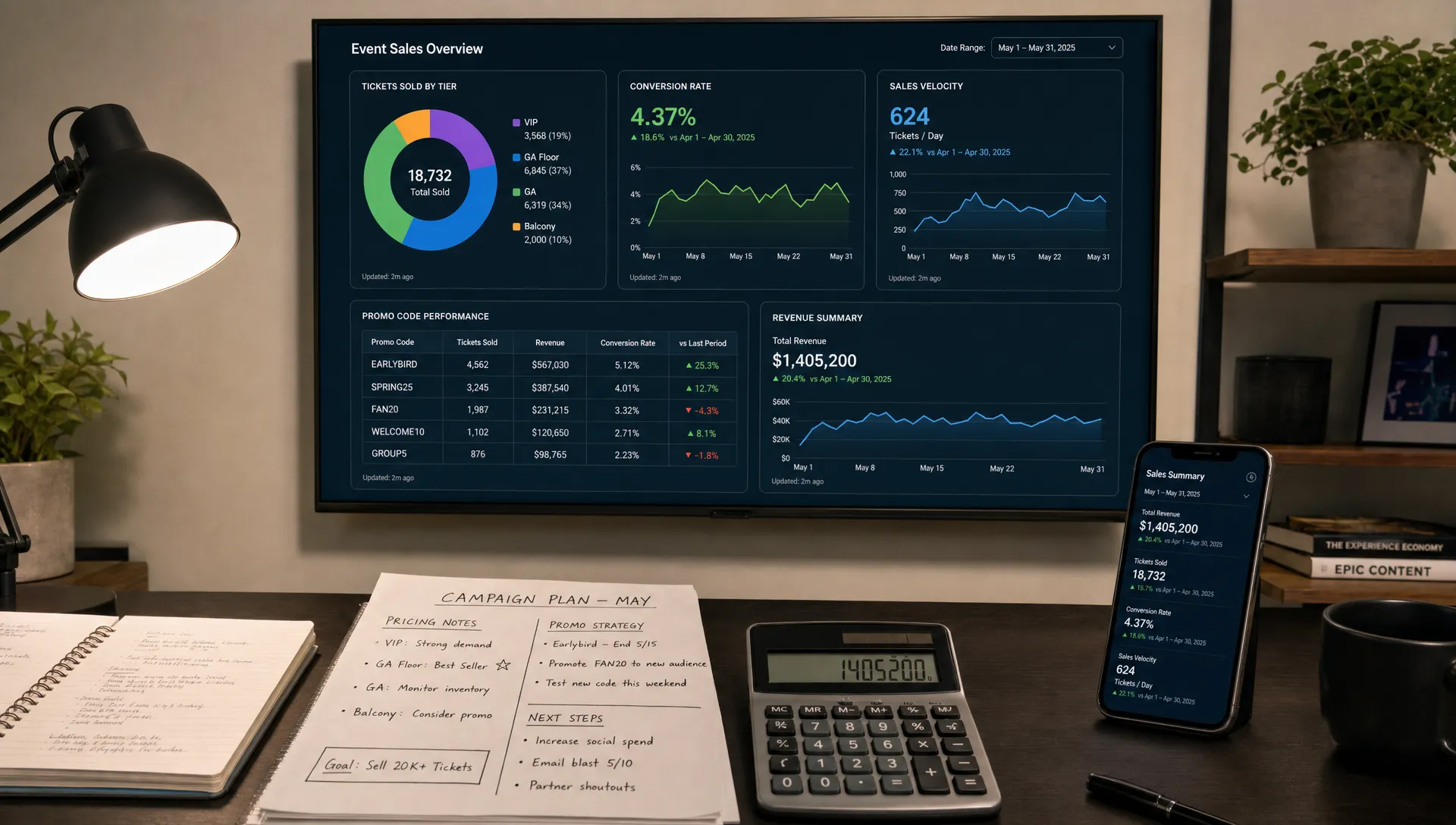 A wide indoor scene in a compact analytics workspace, with a wall-mounted dashboard showing ticket sales by tier, conversion rate, promo code performance, and sales velocity, a desk below holding a notebook, printed campaign notes, and a calculator, and a single phone on the table showing a sales summary facing the camera, conveying live decision-making around pricing and revenue.