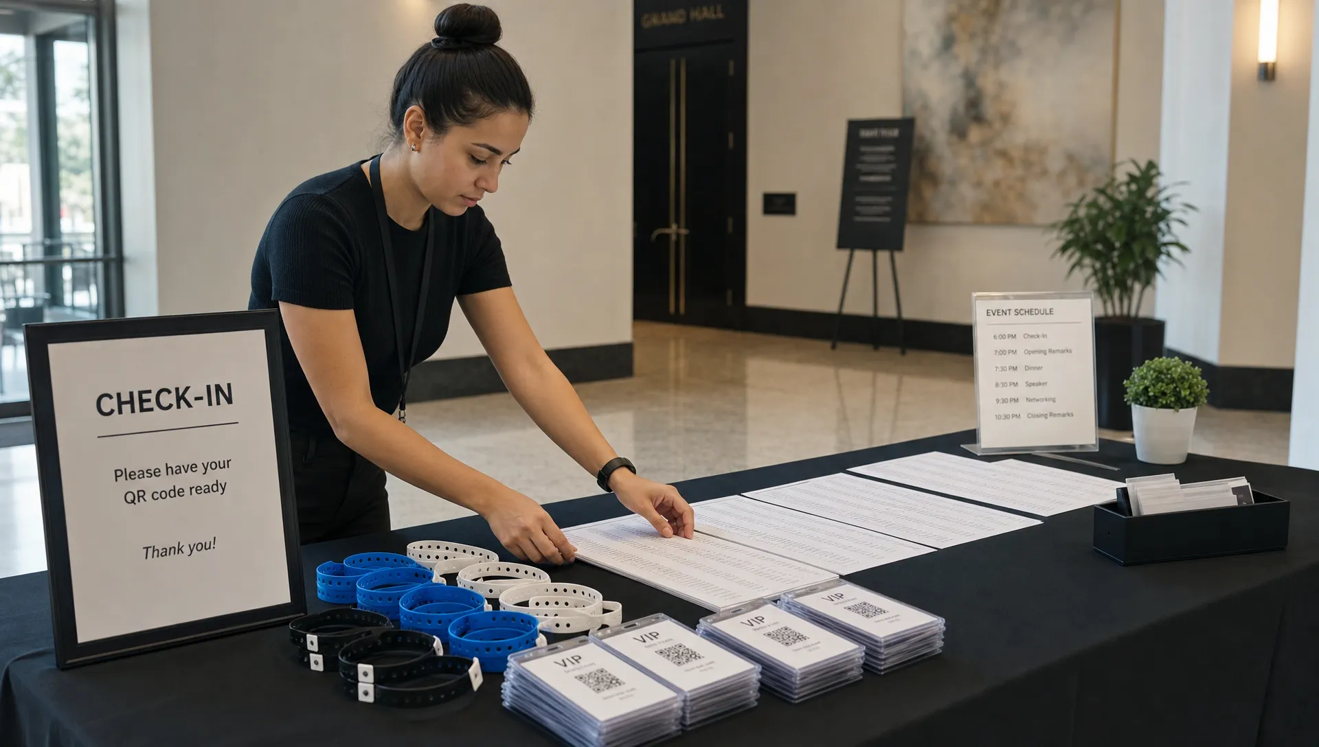A small event organizer preparing ticket wristbands, printed guest lists, and QR-coded tickets on a check-in table inside a quiet venue lobby before attendees arrive.