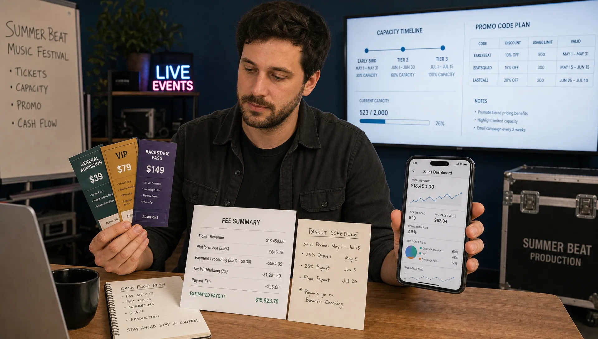 A wide indoor scene in a small event production workspace, with an organizer comparing ticket tier cards, a fee summary sheet, a payout schedule note, and a phone showing a sales dashboard facing the camera, while a separate wall display in the background shows a capacity timeline and promo code plan, creating a calm planning mood for cash flow and pricing control.