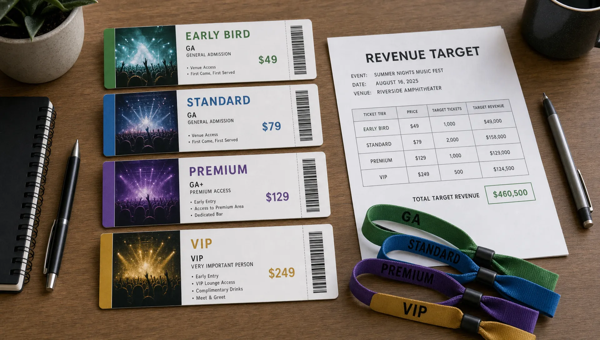 A concert venue planning table with ticket cards arranged in tiers from early bird to VIP, alongside a simple revenue target sheet and wristbands for attendees.