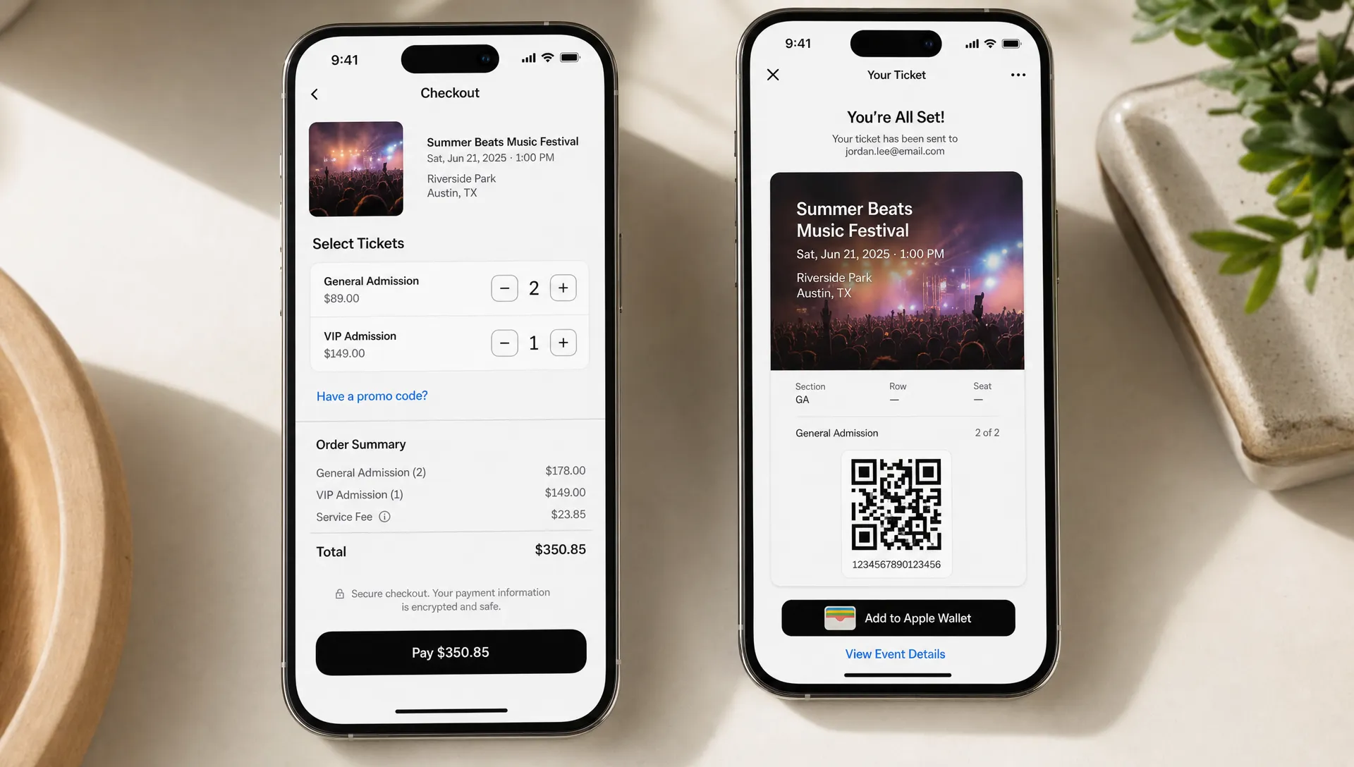 A mobile event checkout screen showing a clear ticket selection, transparent total price, and simple payment button, with a digital ticket confirmation nearby.