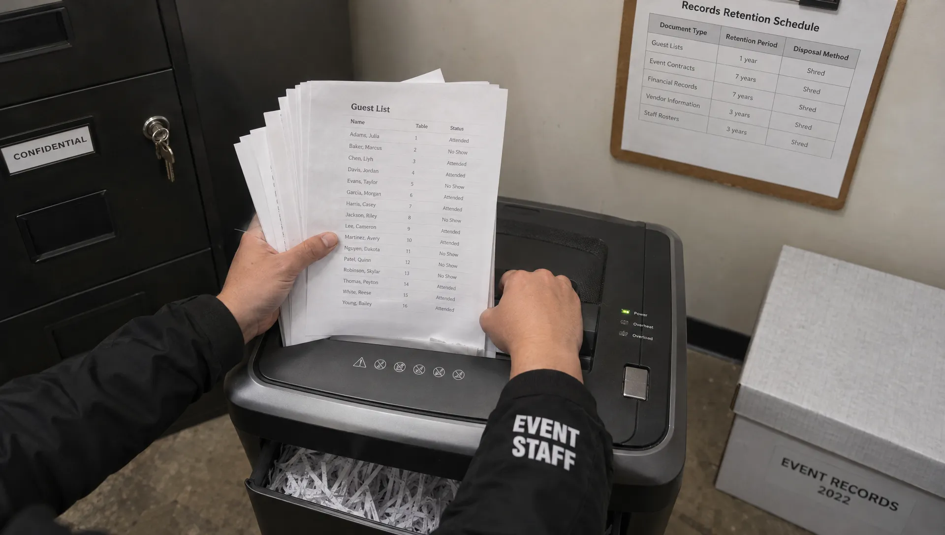 Landscape overhead view of an event staff member's hands shredding outdated guest-list pages in a secure back-of-house records area after an event. A locked filing cabinet, a dated retention schedule clipped to a board, and a closed box of records sit nearby; the active disposal process fills the frame.