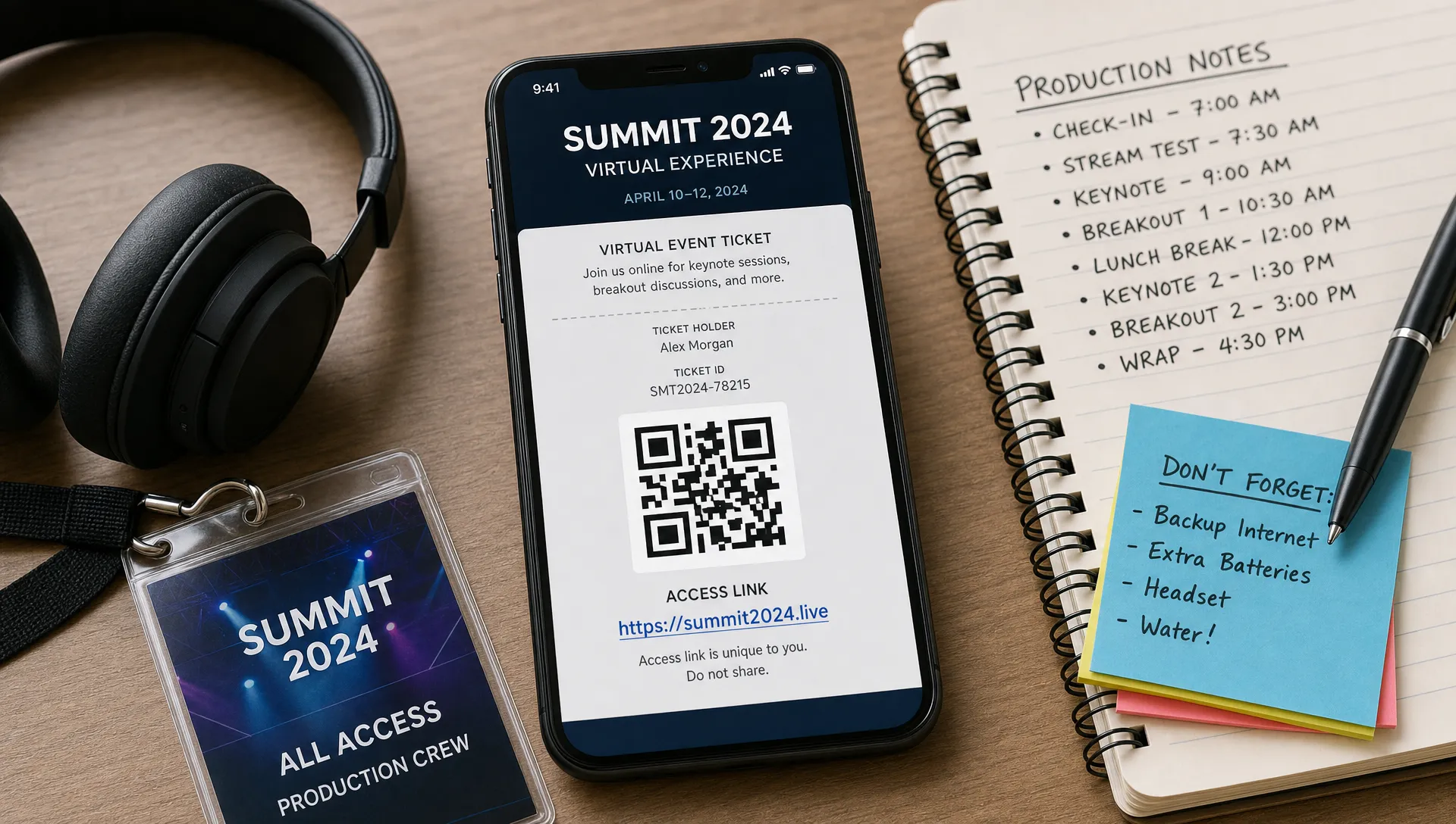 A smartphone shows a virtual event ticket with a QR code and access link next to headphones, a badge, and production notes.