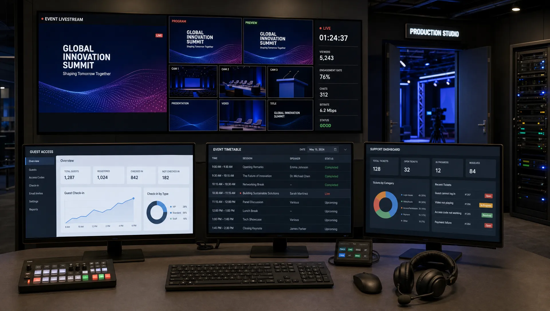 A landscape interior of an online event control room with a livestream monitor wall facing the camera, a guest access dashboard, a support headset, and a timetable board, with a production doorway and equipment racks in the background and no people present.