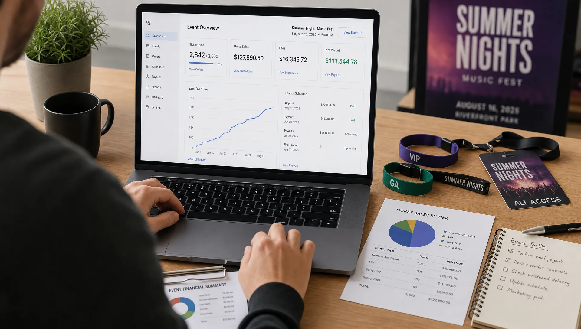 An event organizer reviewing ticket sales, fee totals, and payout timing on a clean planning table with printed reports, a laptop facing the camera, and concert wristbands nearby.