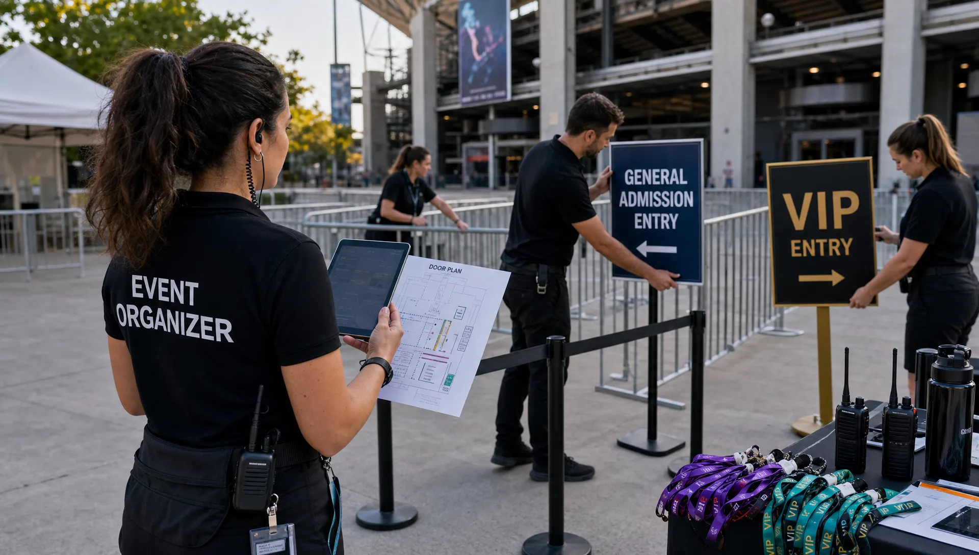 An event organizer at a venue entrance with a tablet, a printed door plan, wristbands, and a small team preparing separate entry lanes for general admission and VIP guests.