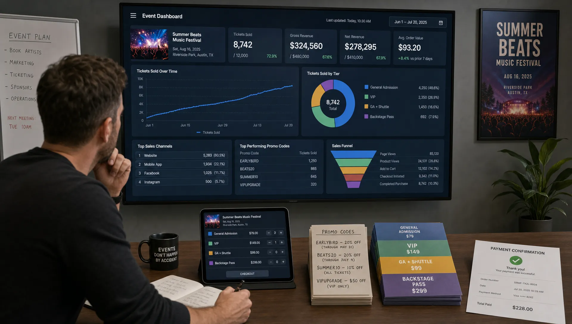 A wide landscape scene inside a venue operations room where an event organizer reviews ticket sales outcomes on a wall-mounted dashboard, with a large display facing the camera showing clear metrics, a tablet, printed promo code notes, a stack of ticket tiers cards, and a payment confirmation sheet on the table, creating a focused sales-and-revenue planning mood.