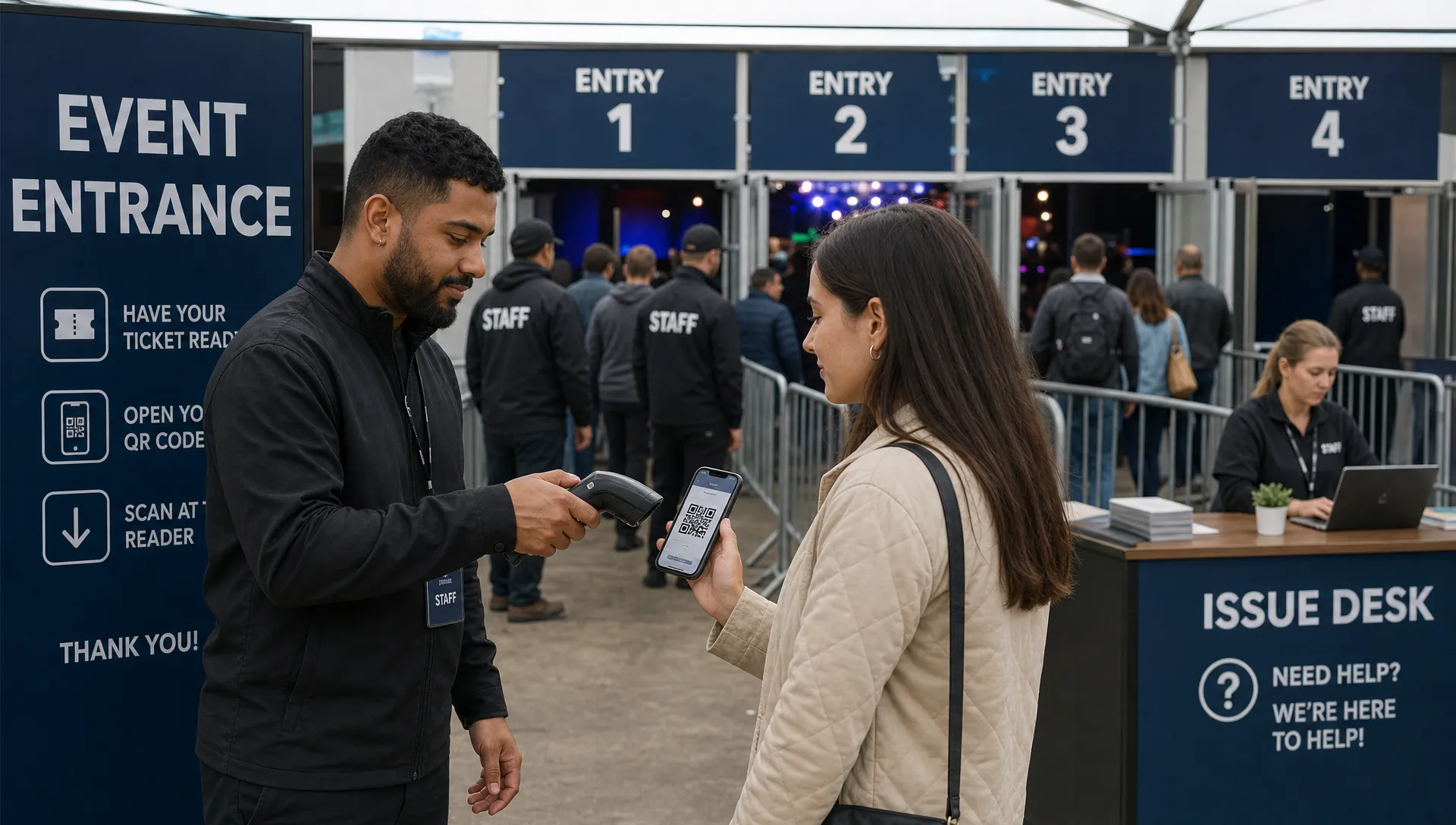 Door staff scan mobile QR tickets beside an issue desk and organized entry lanes at a busy event entrance.