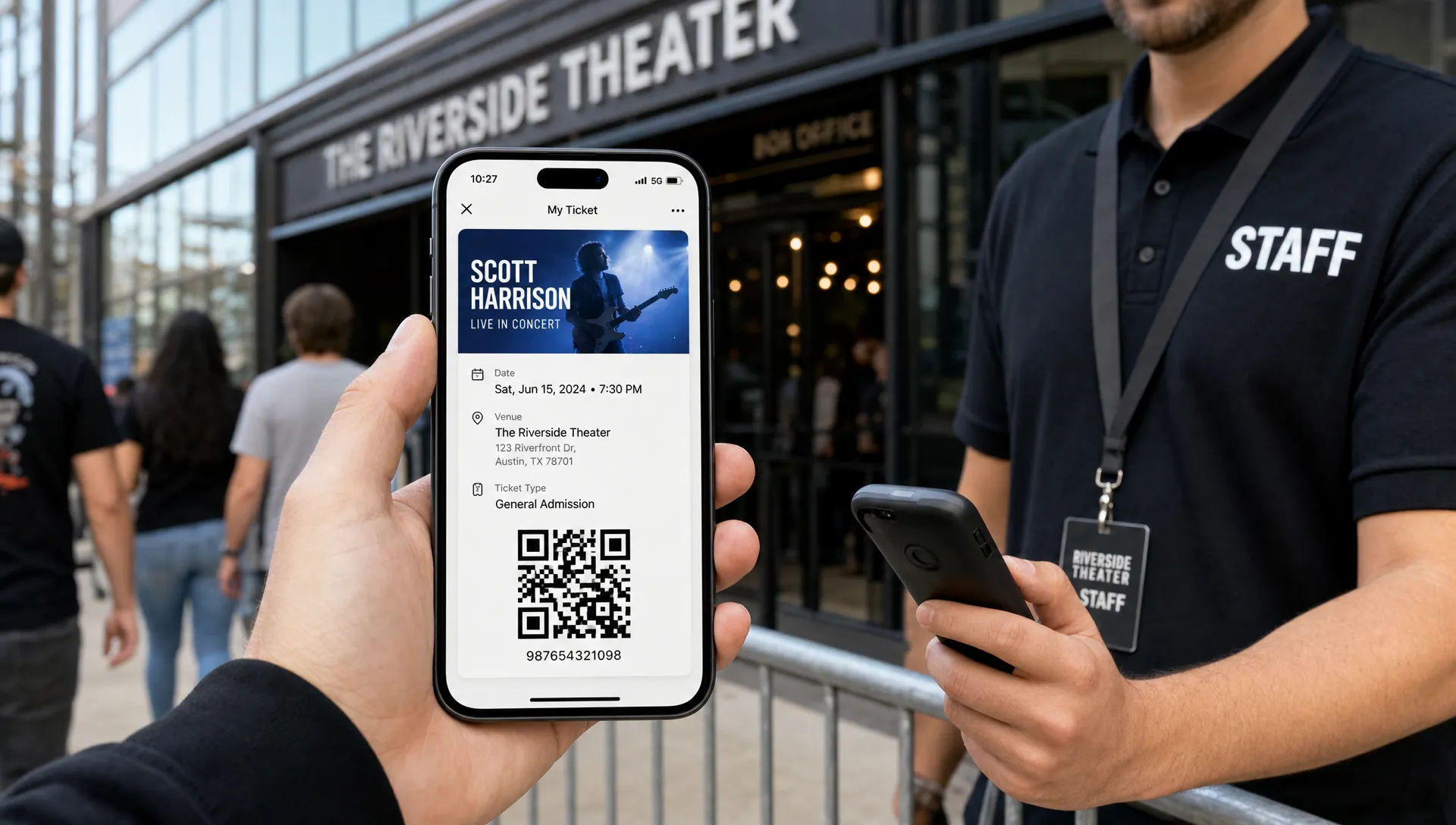 A phone screen shows an event ticket with the event name, date, venue, ticket type, and a prominent QR code near a venue entrance.