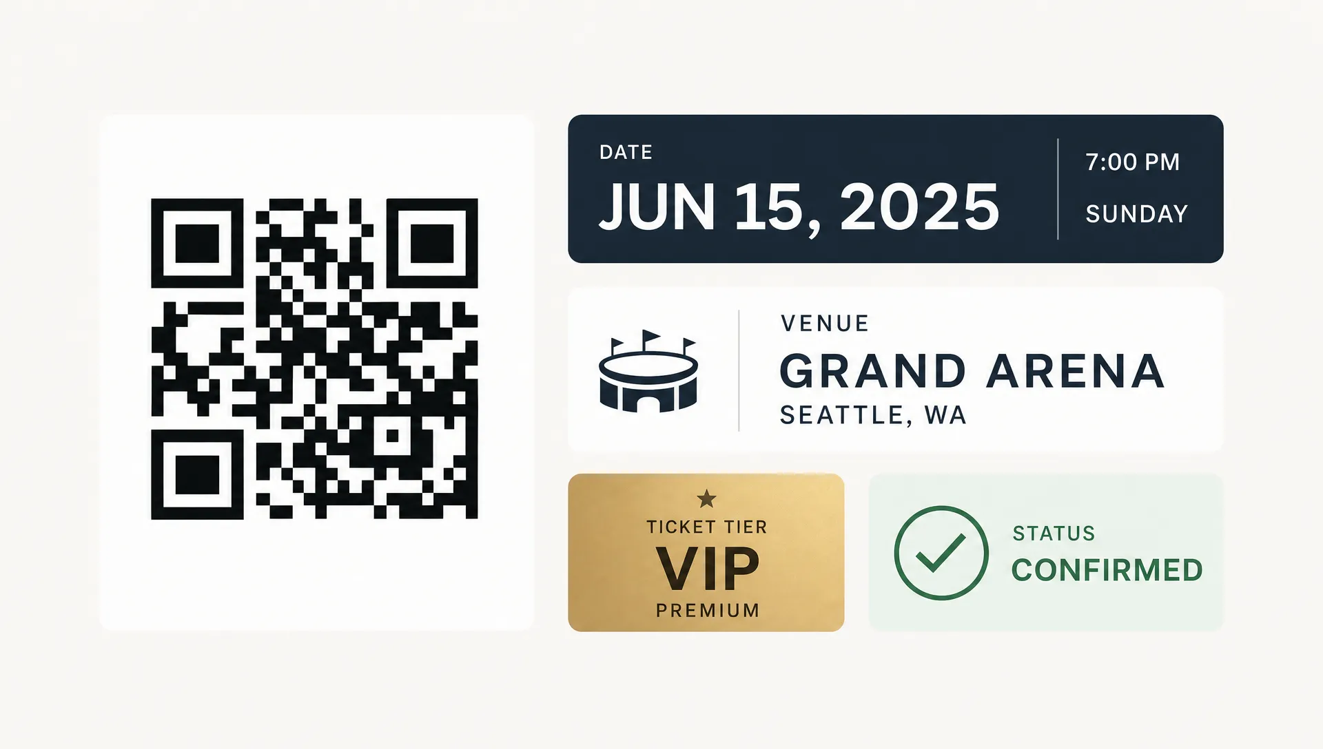 Landscape abstract composition built from clean ticket elements: a large QR code block, a date strip, a venue label, a ticket tier badge, and a status check mark arranged as a balanced grid with generous spacing, all floating in a simple open field with no people present.