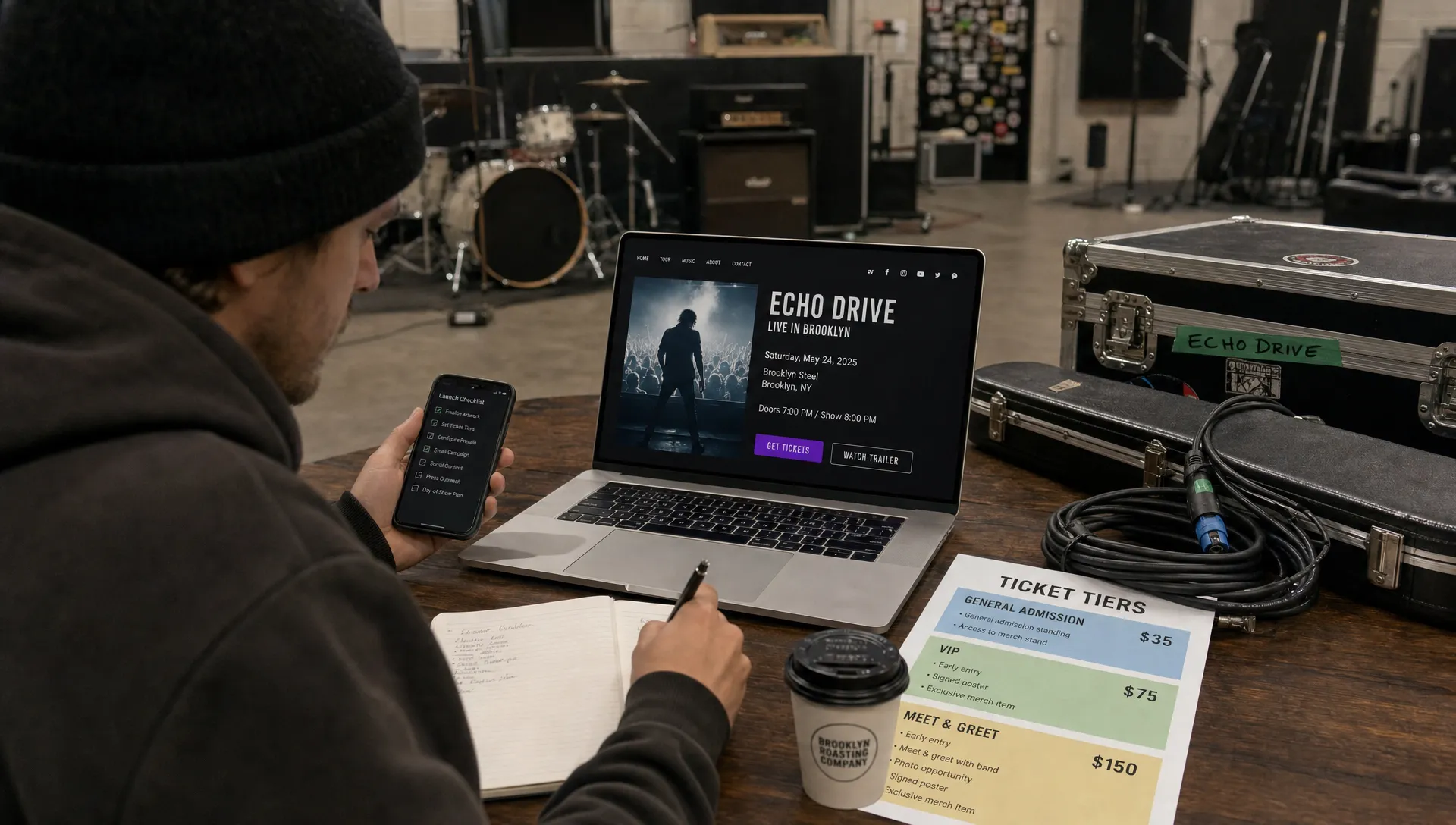 Landscape medium scene at a rehearsal venue table where a music producer is seated with a phone, coffee cup, notebook, and a printed set of ticket tiers for an upcoming show, while instrument cases and coiled cables sit nearby. A laptop facing the camera shows an event page on the table, and the producer is comparing launch details in an ordinary pre-show working moment.