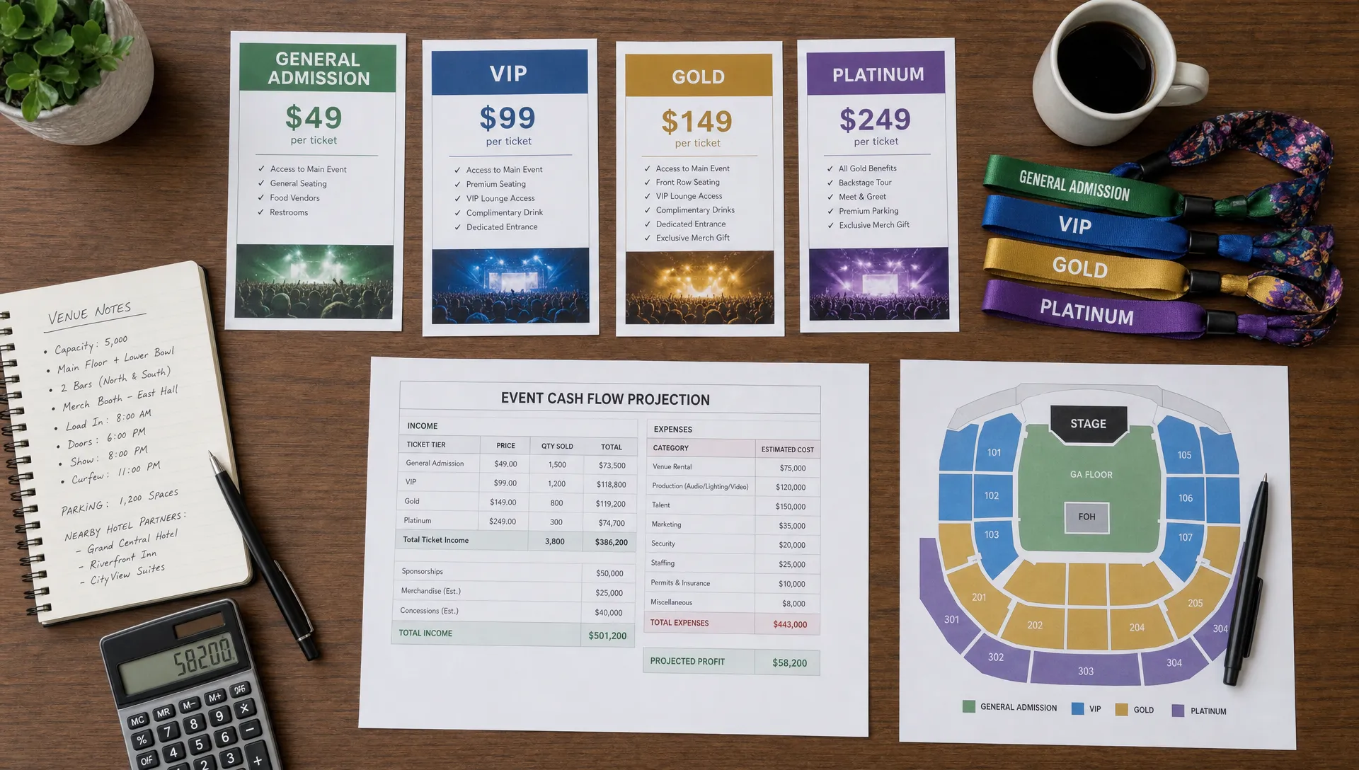 An overhead view of an event planning table with printed ticket tier cards, a simple cash flow worksheet, wristbands, venue notes, and a seating map arranged for pricing decisions.