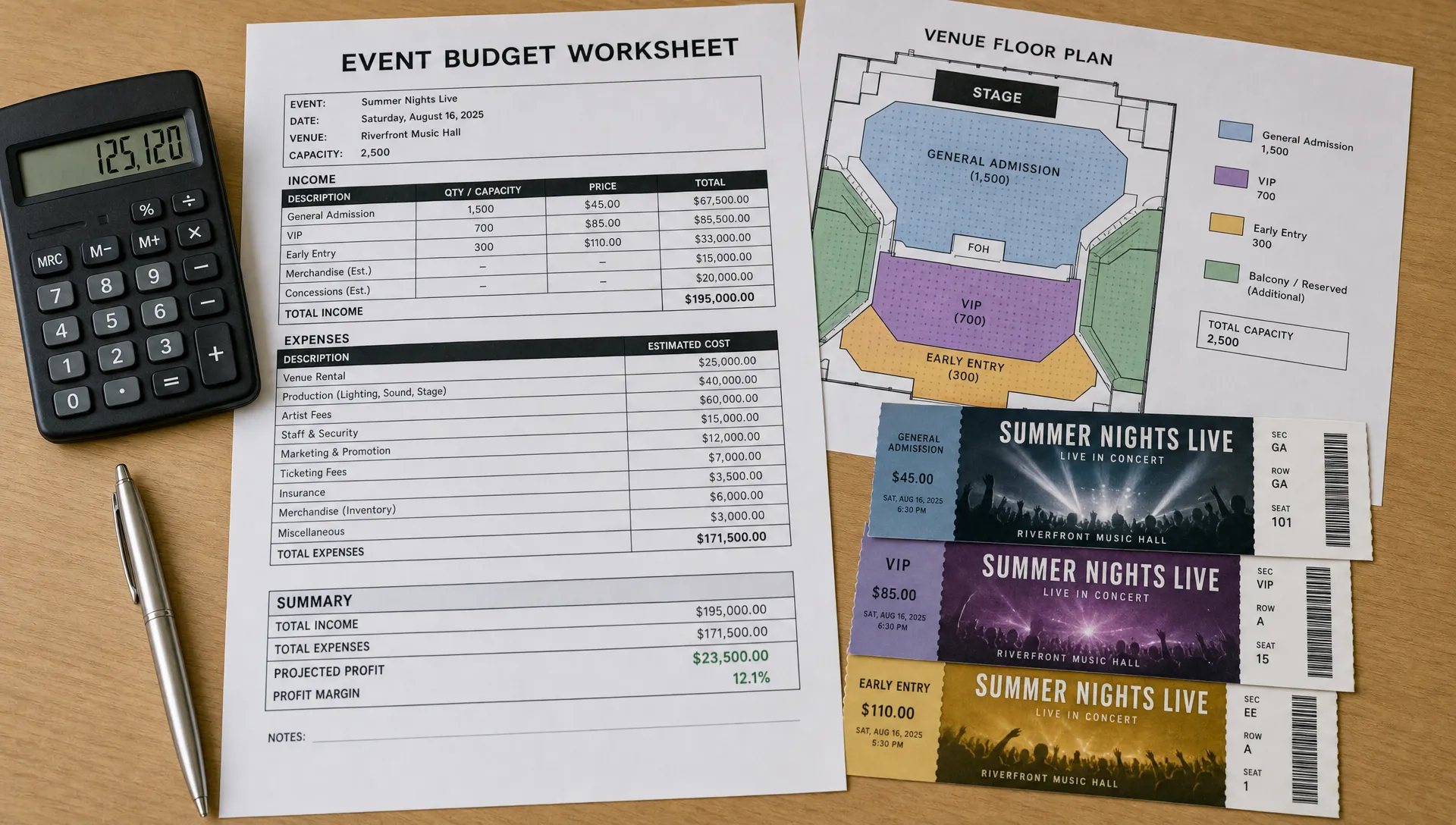 A printed event budget worksheet, calculator, venue floor plan, and several sample tickets arranged on a desk, showing ticket tiers, costs, and profit targets for an upcoming live music event.