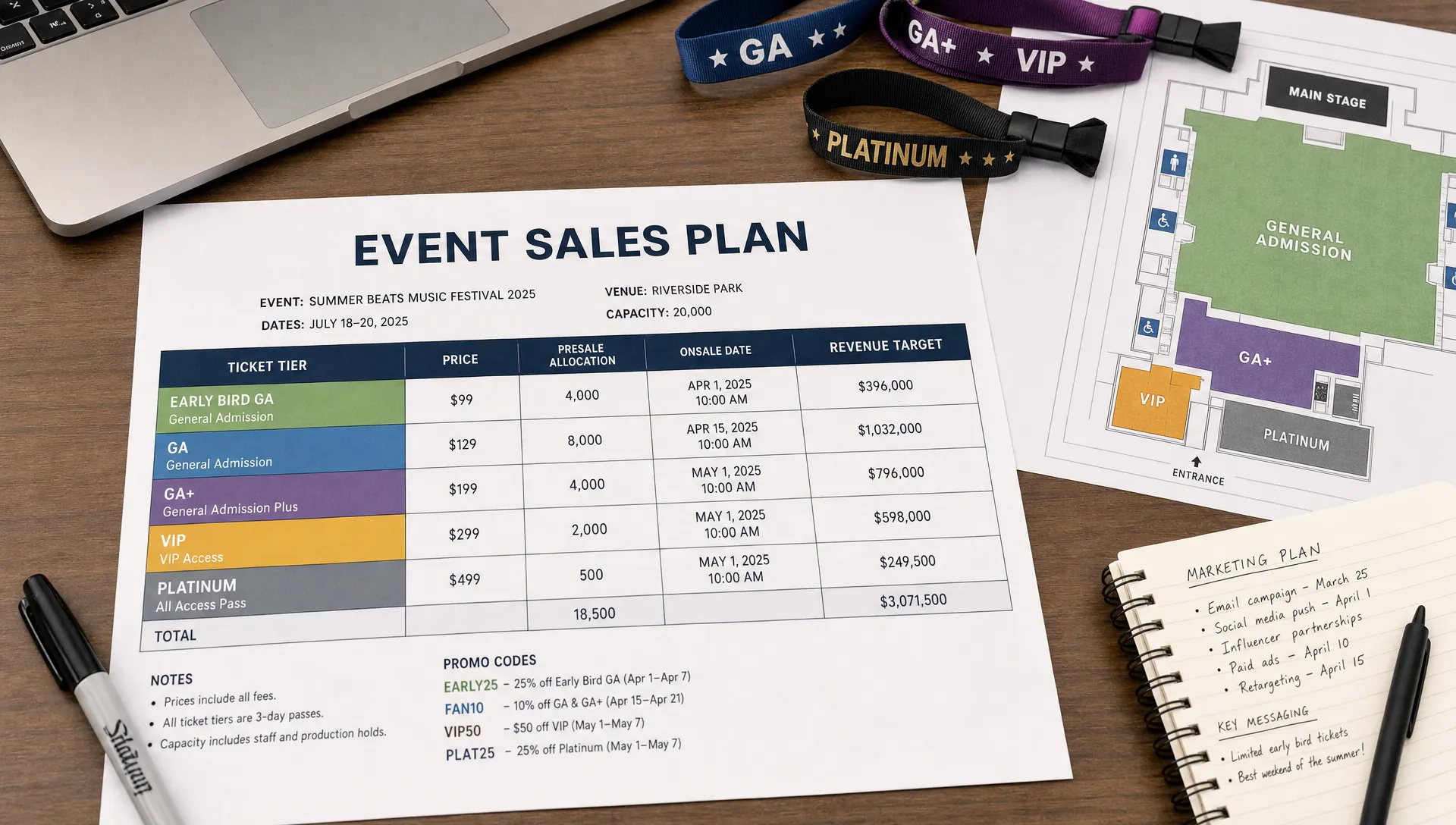 A printed event sales plan on a desk shows ticket tiers, sale dates, revenue targets, and promo code notes beside wristbands and a venue floor plan.