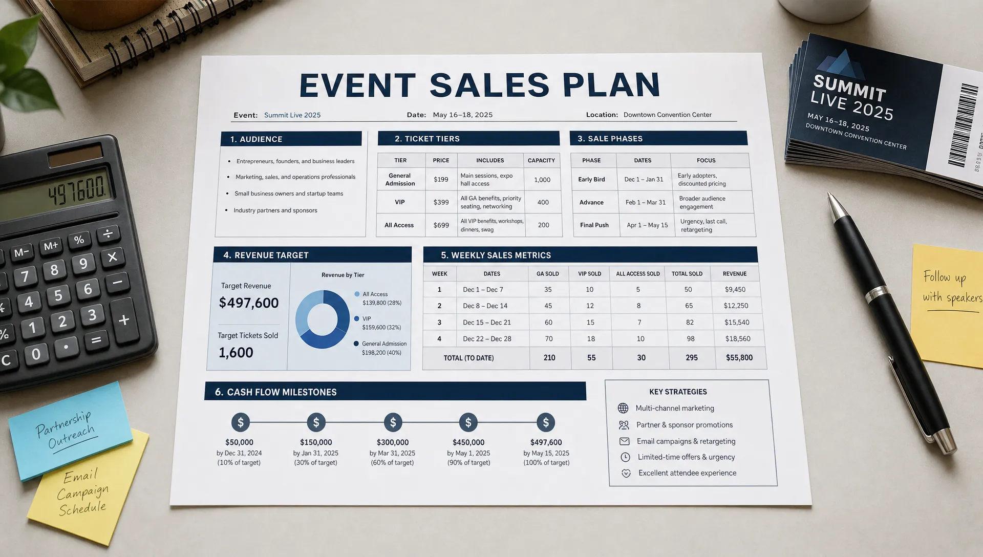 Landscape close-up of a one-page event sales plan sheet on a clean tabletop, with sections for audience, ticket tiers, sale phases, revenue target, weekly metrics, and cash milestones, surrounded by a calculator, pen, sticky notes, and a small stack of ticket cards; no people present, composition centered on the planning document with supporting tools around it.
