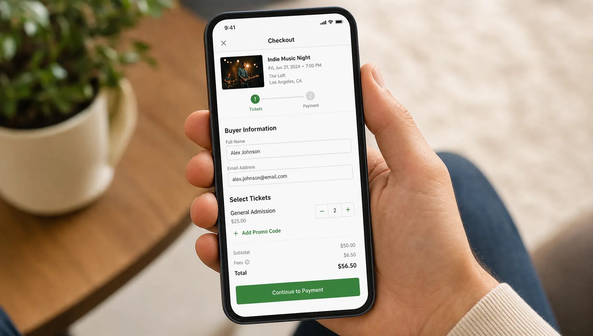 A mobile phone shows a short event checkout with buyer name, email and ticket selection beside the payment step.