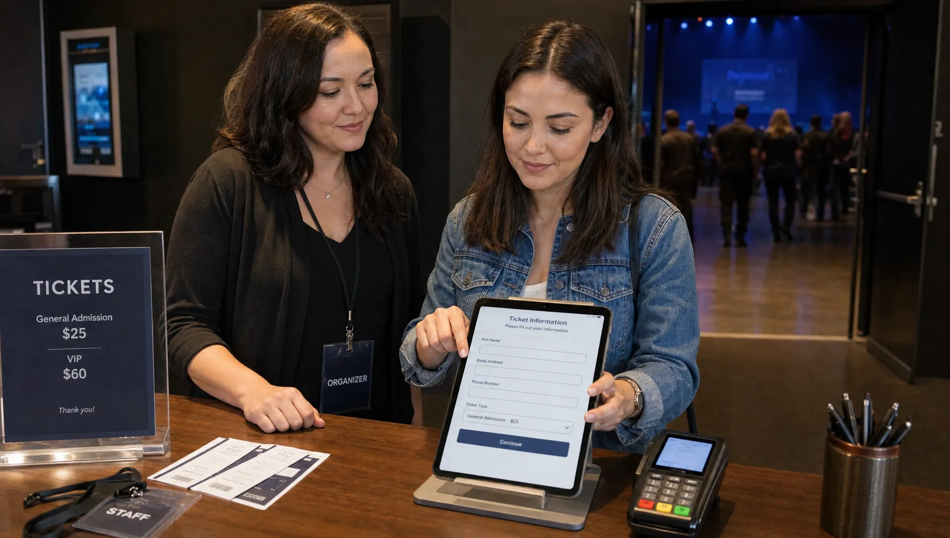 Landscape medium scene at a small event box office where an organizer stands beside a buyer finishing a minimal ticket form on a tablet, with both looking toward the screen facing the camera and a card terminal ready beside it. The setting is a real ticket counter with a few tickets, a name badge holder, and an open doorway toward the event floor behind them.