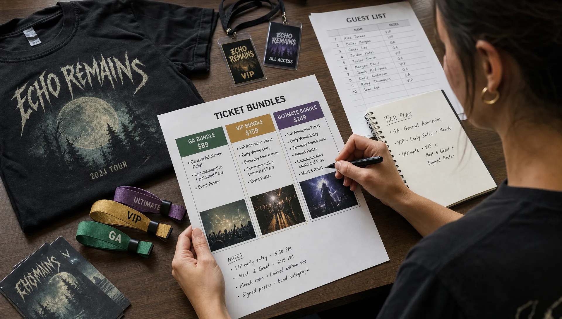 An event organizer reviews ticket bundle options on a table with guest list sheets, wristbands, merch samples, and tier notes for an upcoming live music event.