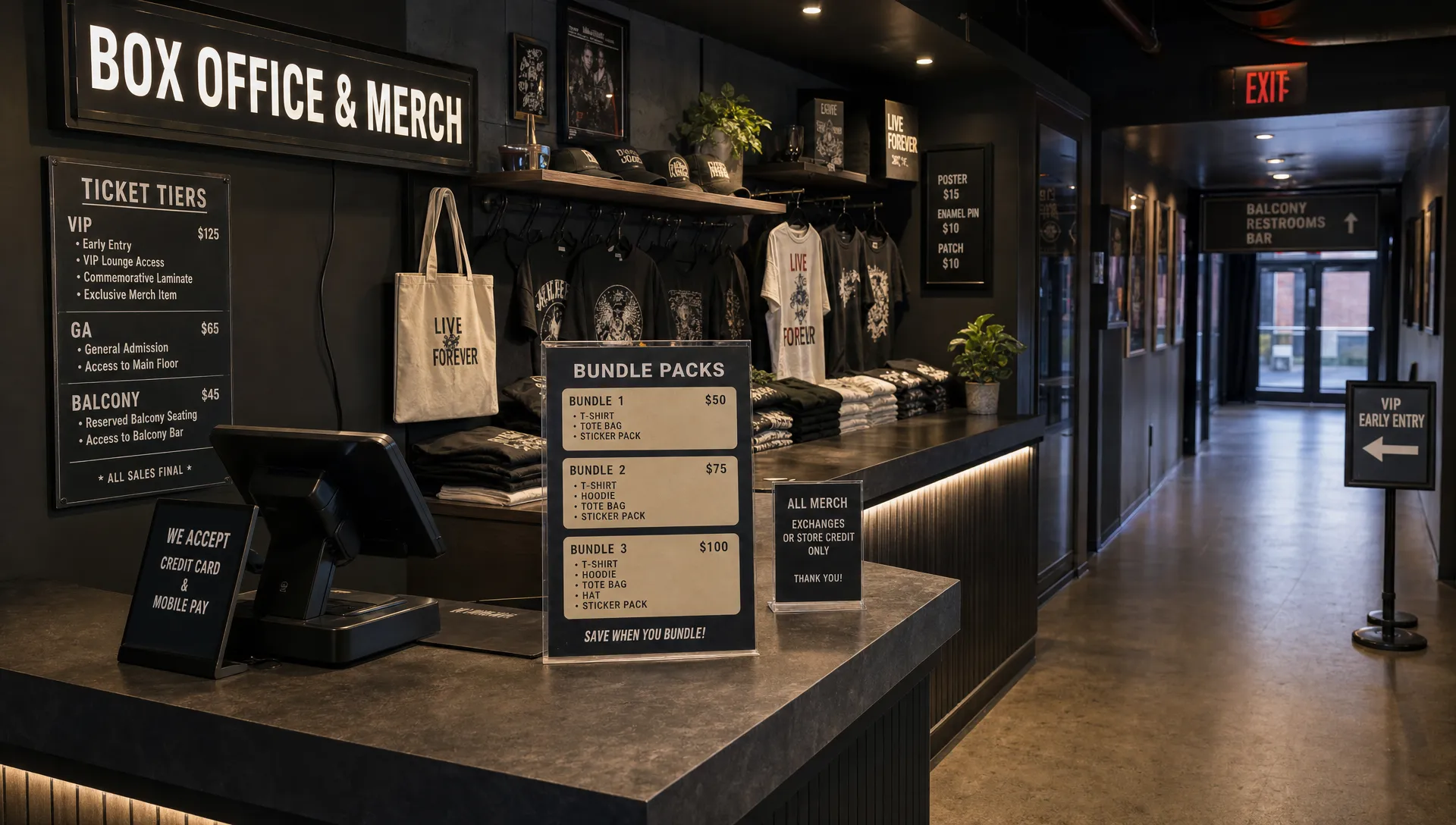 Landscape wide interior view of a small venue box office and merchandise counter before opening, with bundle signage on the counter, ticket tiers posted near the register, a shelf of shirts and tote bags behind, and the entrance corridor visible farther back. No people in frame. The composition should establish the place where bundles are sold and fulfilled, with the checkout area and retail supplies as the main focus.