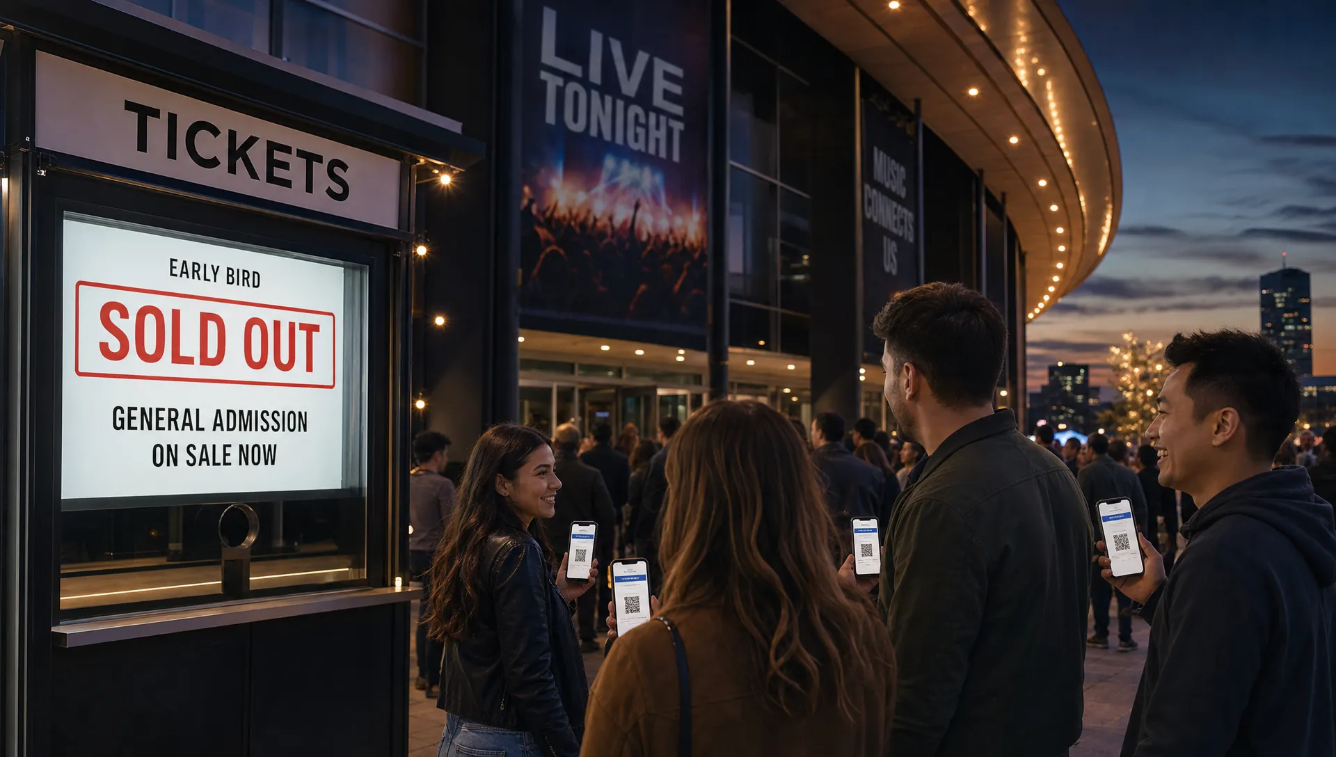 A concert venue entrance with a small group of attendees holding digital tickets on their phones, a ticket booth sign showing early bird sold out, and evening lights suggesting an event campaign gaining momentum.