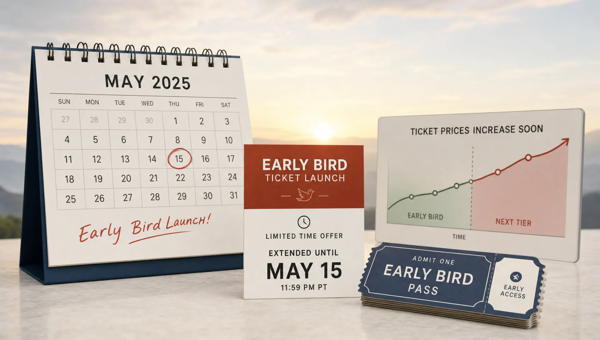 A wide conceptual scene of an early bird ticket launch moment represented by a large calendar page, a limited-time offer card, a small stack of ticket passes, and a rising line chart placed in a clean open space, with no people present and a sense of urgency building before the next price tier starts. The composition should feel like a planning milestone rather than a venue entrance or office workflow.