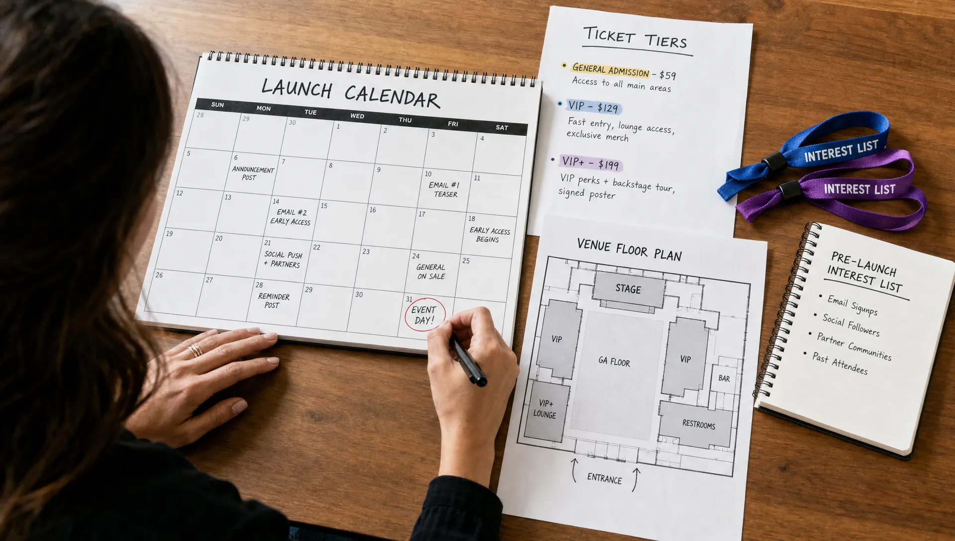 An event organizer reviews a launch calendar beside printed ticket tier notes, a venue floor plan, and a small stack of wristbands for a pre-launch interest list.