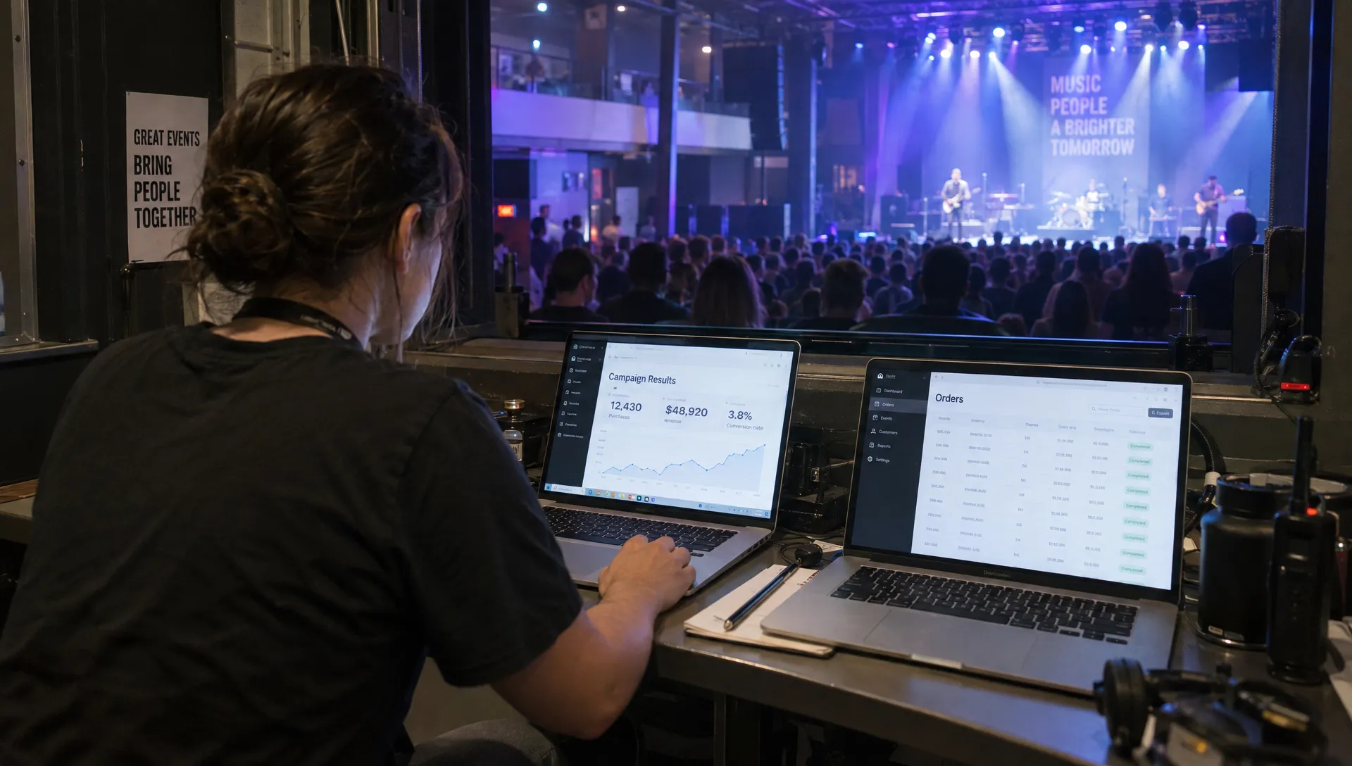 An event organizer sits at a venue’s small control booth, checking a laptop with campaign purchase results beside the ticketing system’s order list, with the stage and audience visible through the booth window.