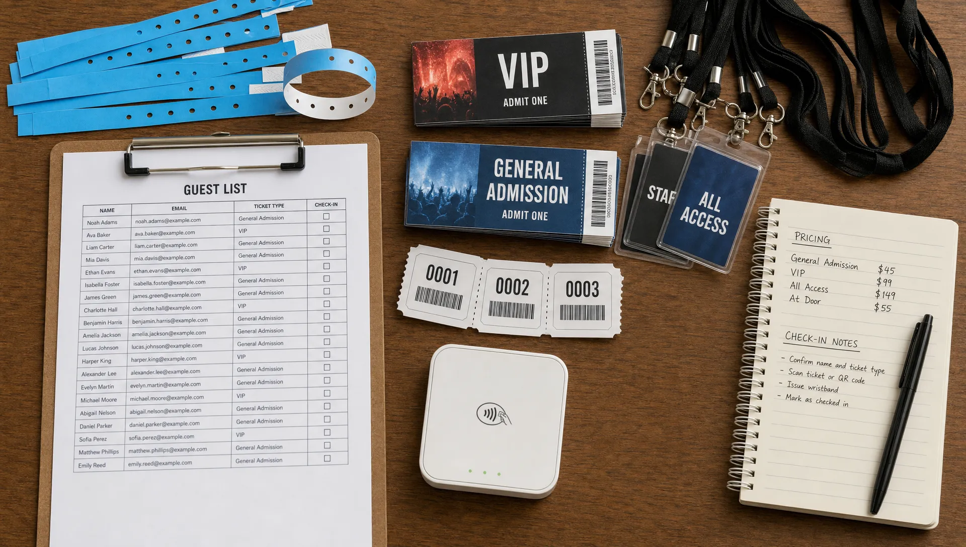 A flat lay of ticketing tools with wristbands, a guest list, ticket stubs, a card reader, lanyards, and a notebook for pricing and check-in.