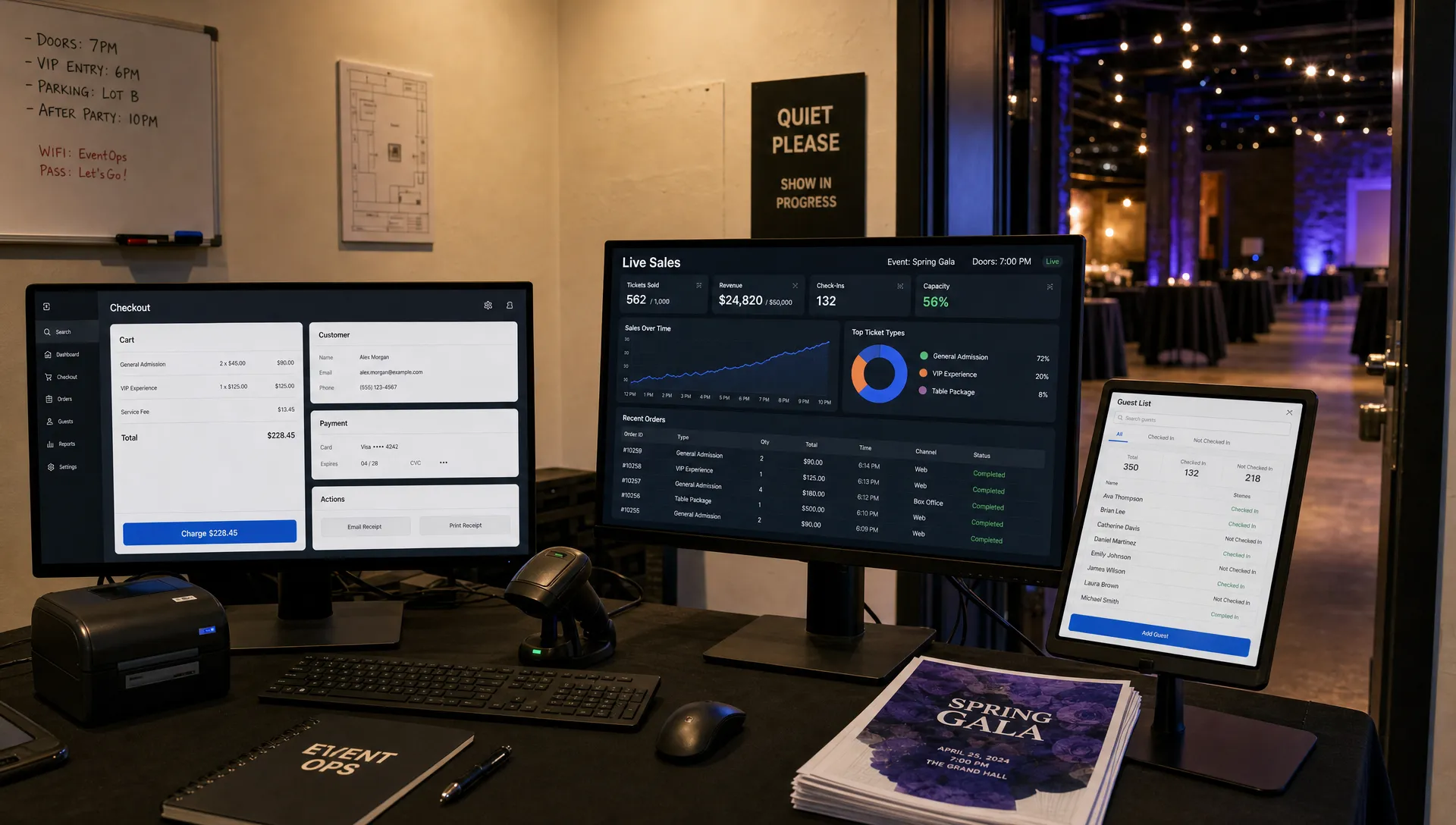 Landscape wide interior of a compact event operations hub with a checkout screen facing the camera on one monitor, a live sales-control board on another, a digital guest list station, and a small stack of branded event pages on a side table, with a doorway opening to the venue floor in the background and no people present. The scene should feel like real-time ticket management before doors open.