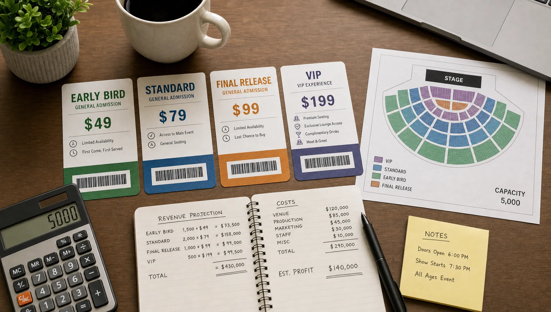 A tabletop planning scene with printed event ticket cards labeled early bird, standard, final release, and VIP, alongside a calculator, a seating map, and notes about costs and capacity.