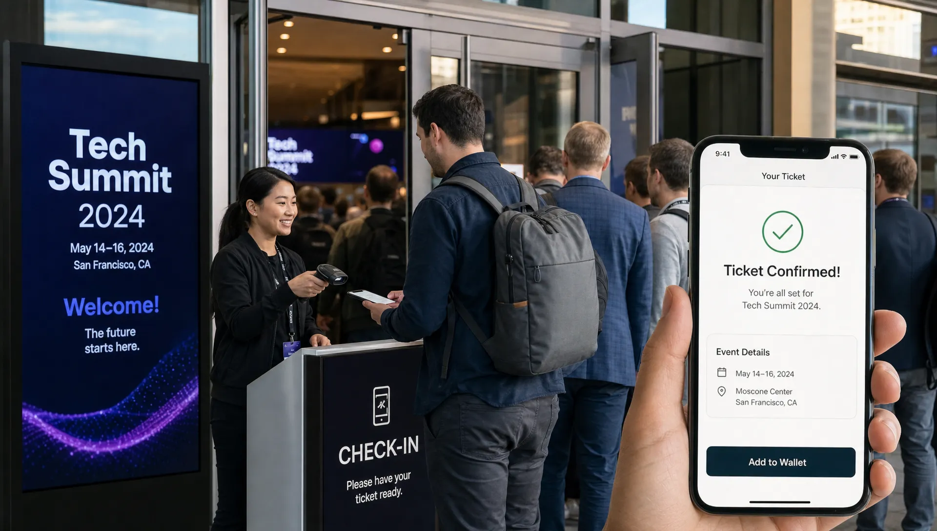 A busy venue entrance with attendees moving through a smooth digital ticket check-in, clear event signage near the door, and a phone held upright showing a simple ticket confirmation screen.