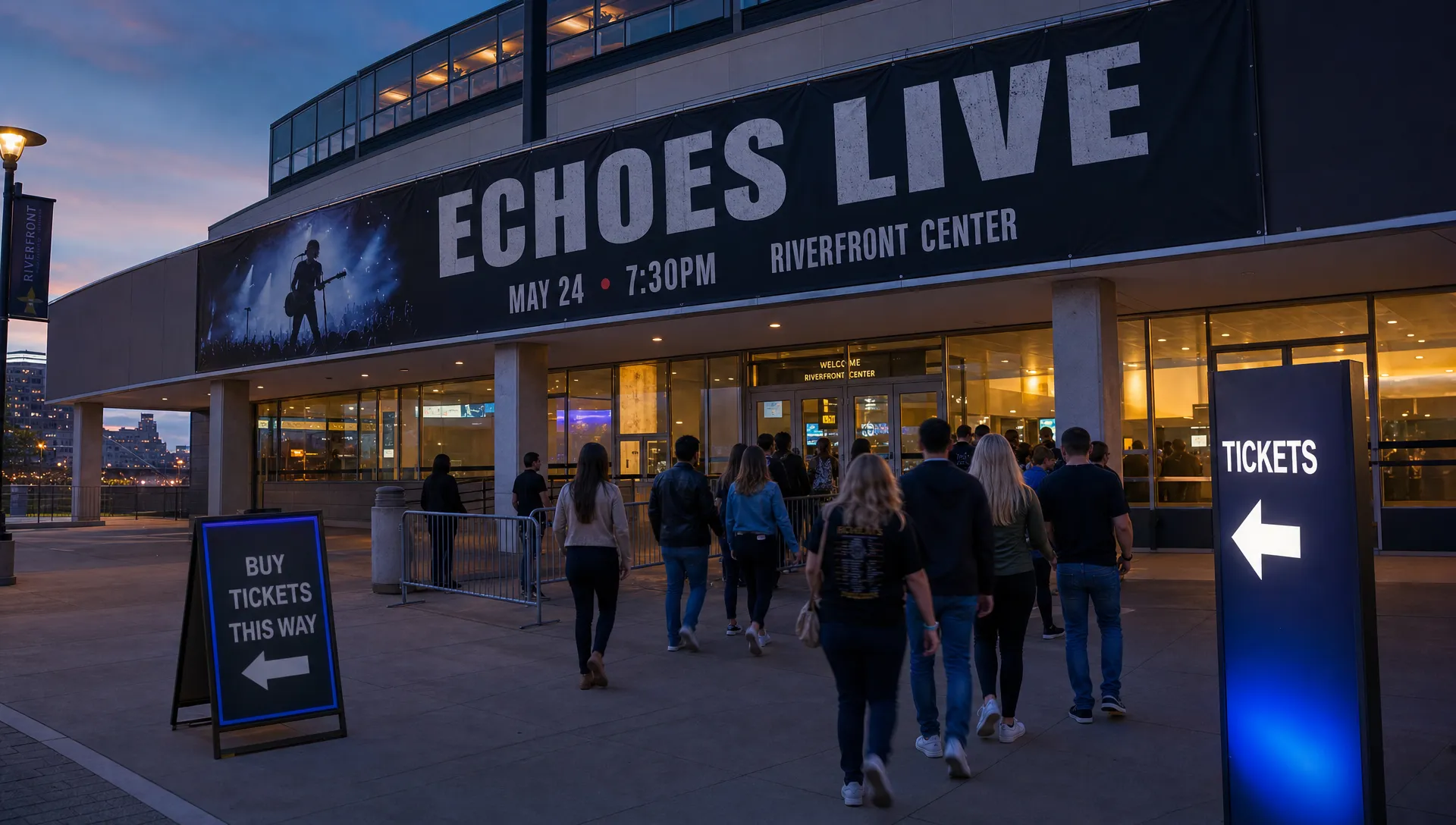 A wide outdoor view of a venue facade at dusk with a large event banner, a visible ticket entry lane, a lit sign pointing toward the purchase path, and a small cluster of attendees moving toward the doors, emphasizing the real-world destination behind the Facebook promotion without showing a desk, checkout screen, or operations table.