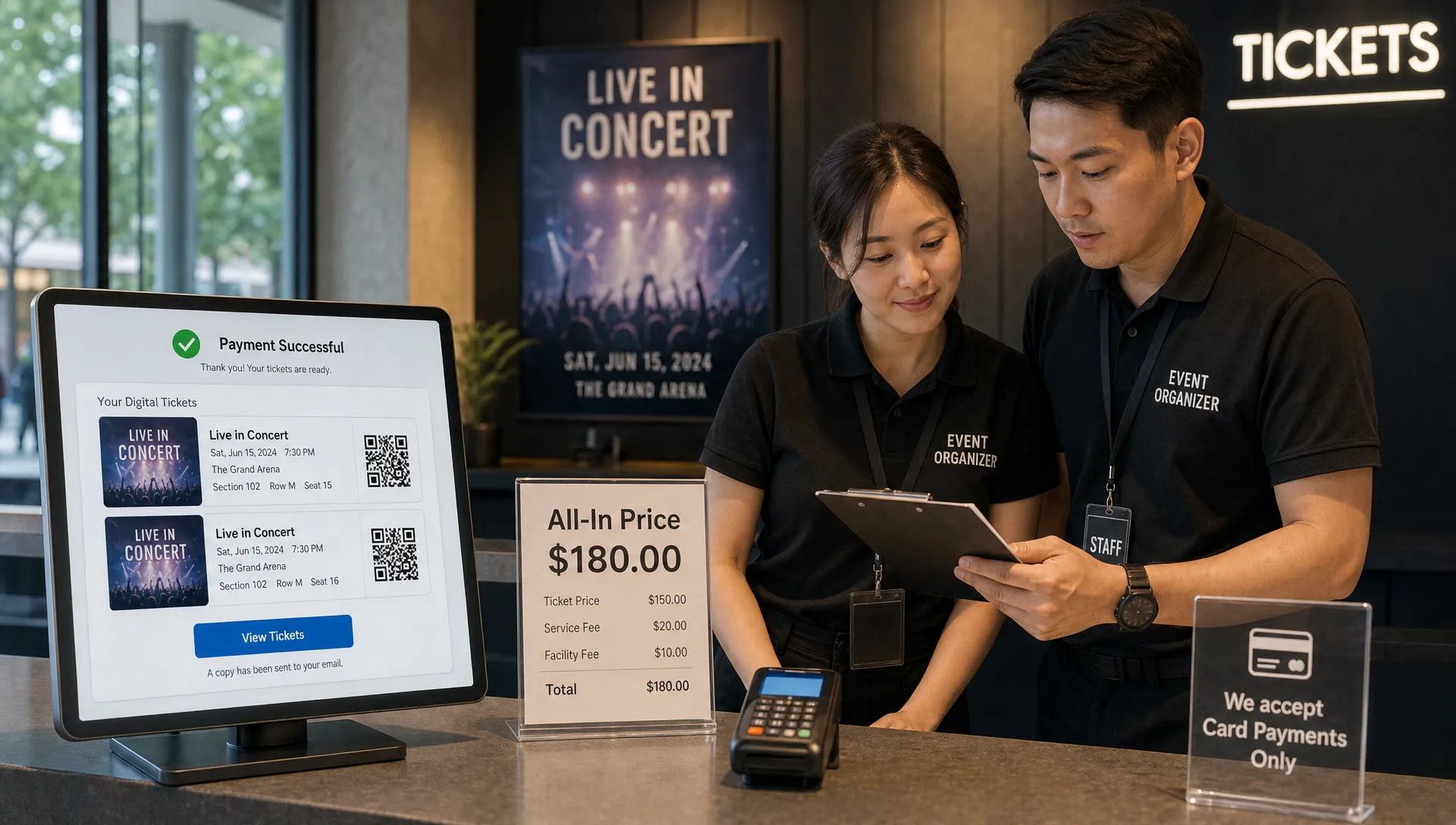 A venue ticket checkout counter with a clear all-in price display, digital tickets on a screen facing the camera, and organizers reviewing revenue notes on a clipboard.