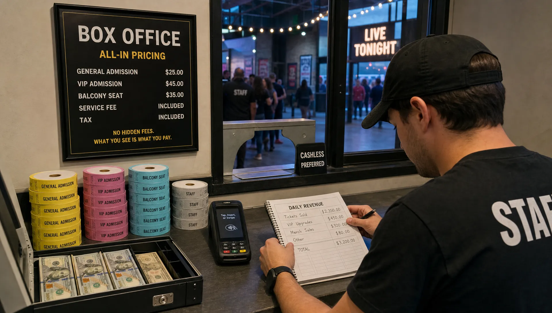 A wide indoor scene inside a small venue box office with a ticket window facing the camera, a clean all-in price board, stacked event wristbands, a card reader, and a simple revenue ledger on the counter, with one organizer reviewing sales figures in the foreground and the entrance area softly visible behind, conveying clear pricing and cash flow control.