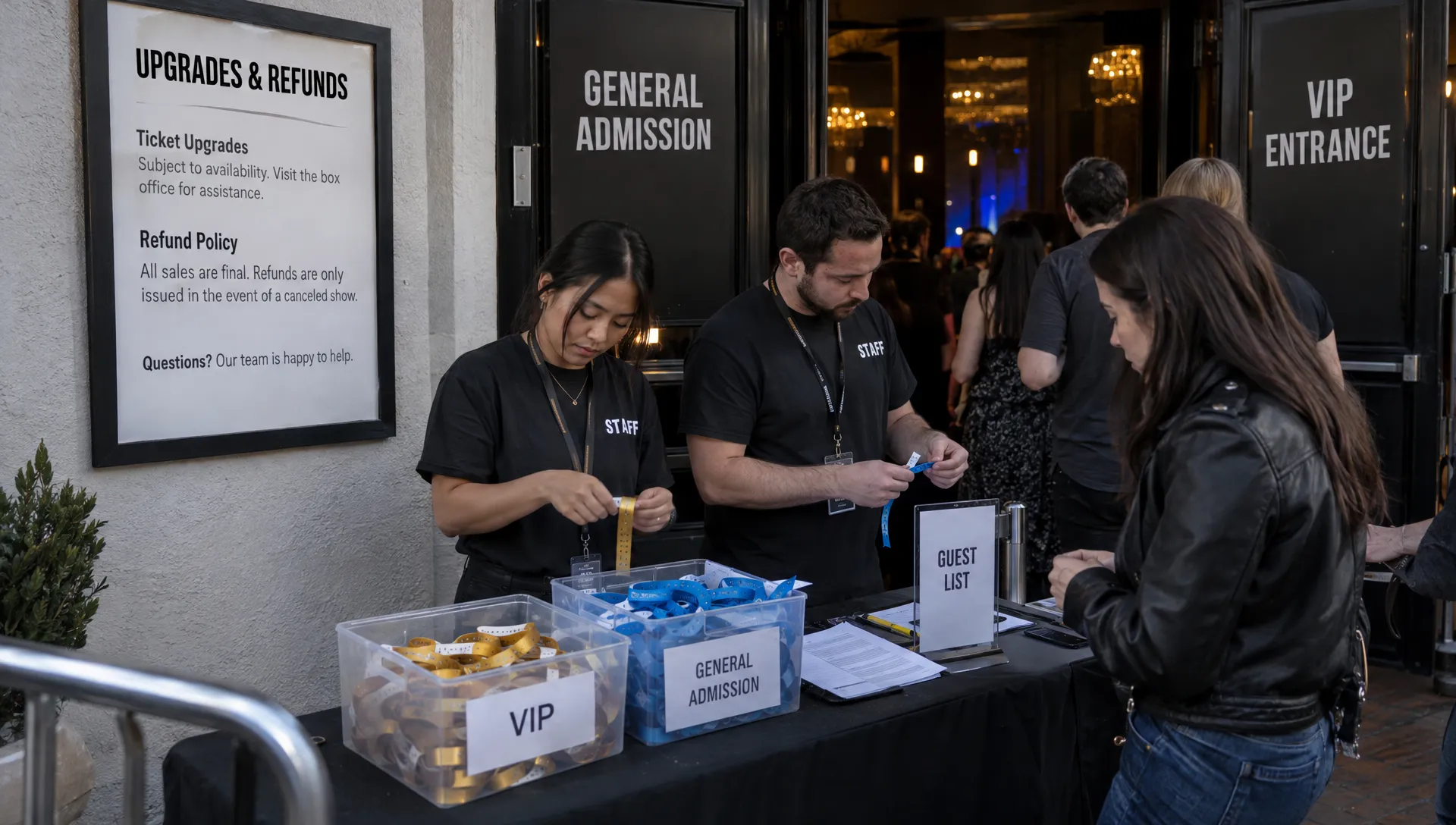 At a venue entrance, staff sort separate VIP and general admission wristbands beside the guest list while an attendee reads the posted upgrade and refund rules.