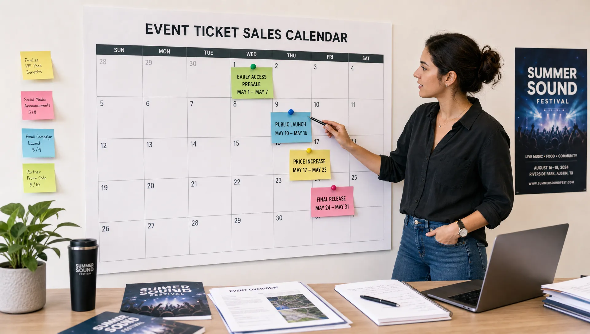 An event organizer standing beside a large wall calendar with ticket sale phases marked for early access, public launch, price increase, and final release dates, with sticky notes and printed event materials arranged on a nearby table.