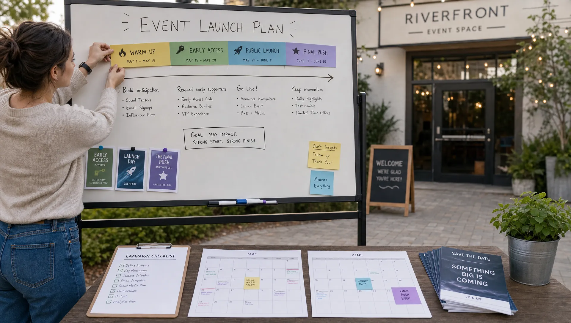A wide outdoor scene of an event planning board set up beside a venue courtyard, with an organizer pinning a timeline strip across a freestanding board that shows warm-up, early access, public launch, and final push milestones, while printed flyers, a clipboard, and a few marked calendars sit on a nearby table and the venue entrance is softly visible in the background, conveying strategic sale timing and campaign momentum.
