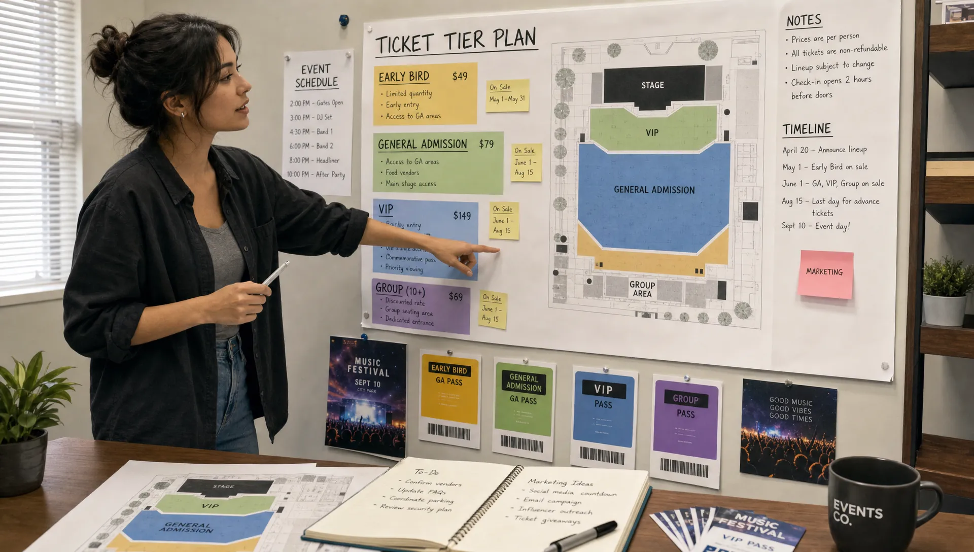 An organizer standing beside a wall-mounted ticket tier plan in a quiet indoor planning room, with printed passes, a venue layout, and notes for early bird, general admission, VIP, and group tickets visible on the board.
