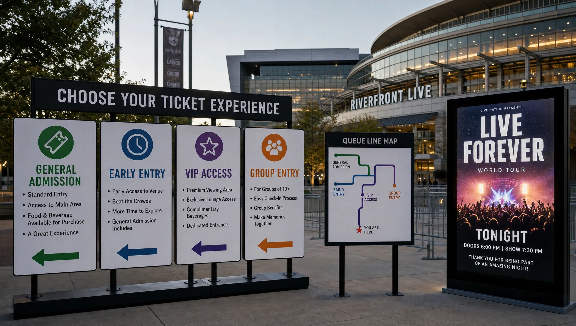 A wide outdoor scene at a venue entrance plaza where a simple set of large ticket option signs stands beside a small queue lane map and a glowing event poster board, with separate zones visually suggesting general admission, early entry, VIP access, and group entry, and the venue facade visible in the background. No desk or office setup, no people at a table, and a clear sense of choosing the right ticket structure for different attendee needs and event goals.