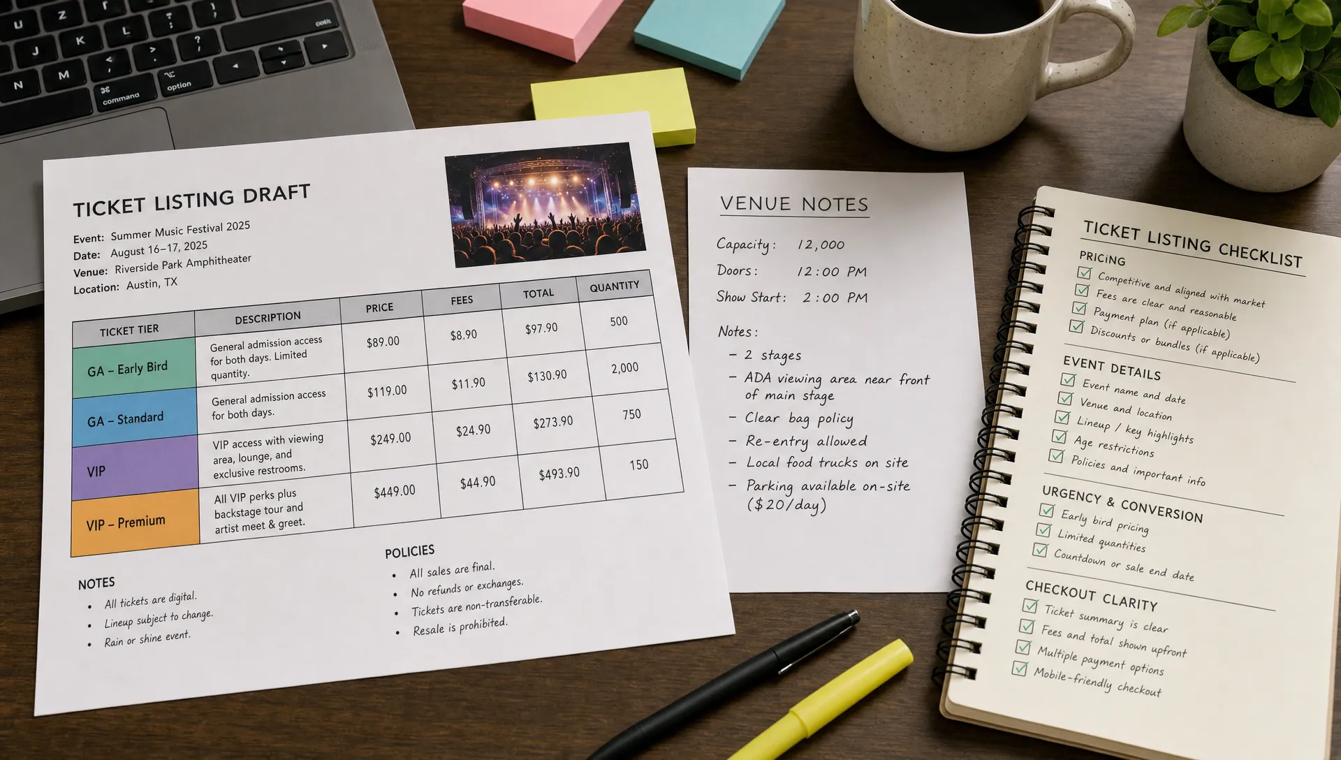 A clean event planning desk with printed ticket listing drafts, color-coded ticket tiers, venue notes, and a checklist for pricing, event details, urgency, and checkout clarity.