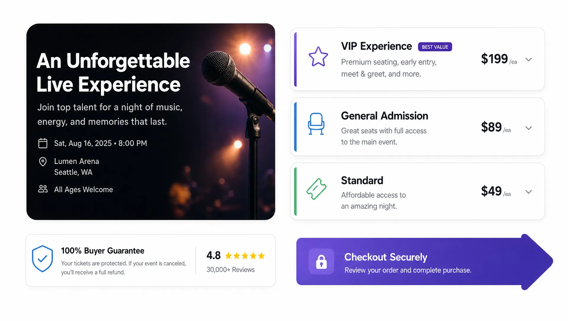 A wide abstract composition built from stacked listing cards, simple tier blocks, a clear headline card, a trust badge, and a checkout arrow arranged in a clean open layout, with the structure suggesting a ticket page that guides attention from event promise to purchase without any room, desk, or venue scene.