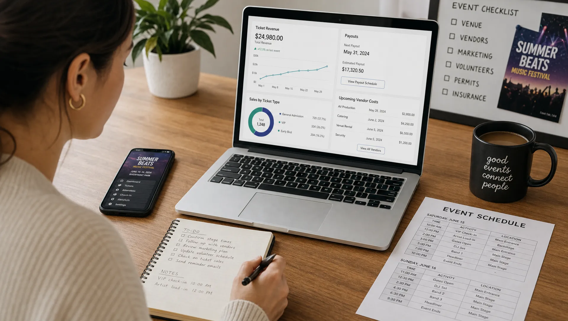 An event organizer reviews ticket revenue, payout timing, and upcoming vendor costs at a desk with a laptop, phone, and printed event schedule.